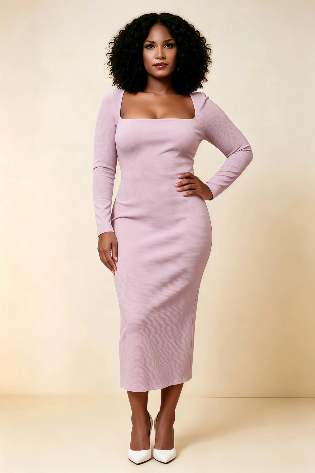 Antoinette Wisteria Square Neck Long Sleeve Bodycon Midi Dress