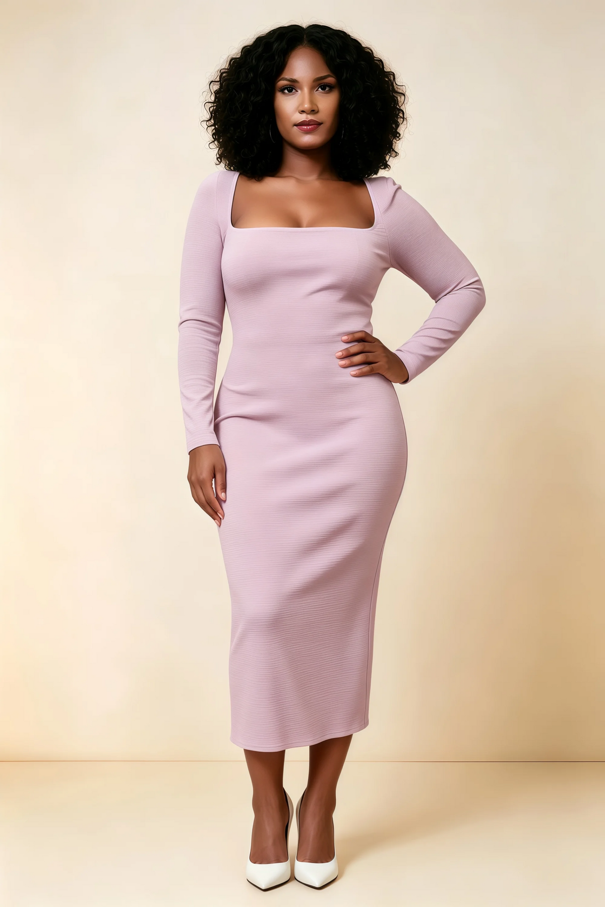 Antoinette Wisteria Square Neck Long Sleeve Bodycon Midi Dress