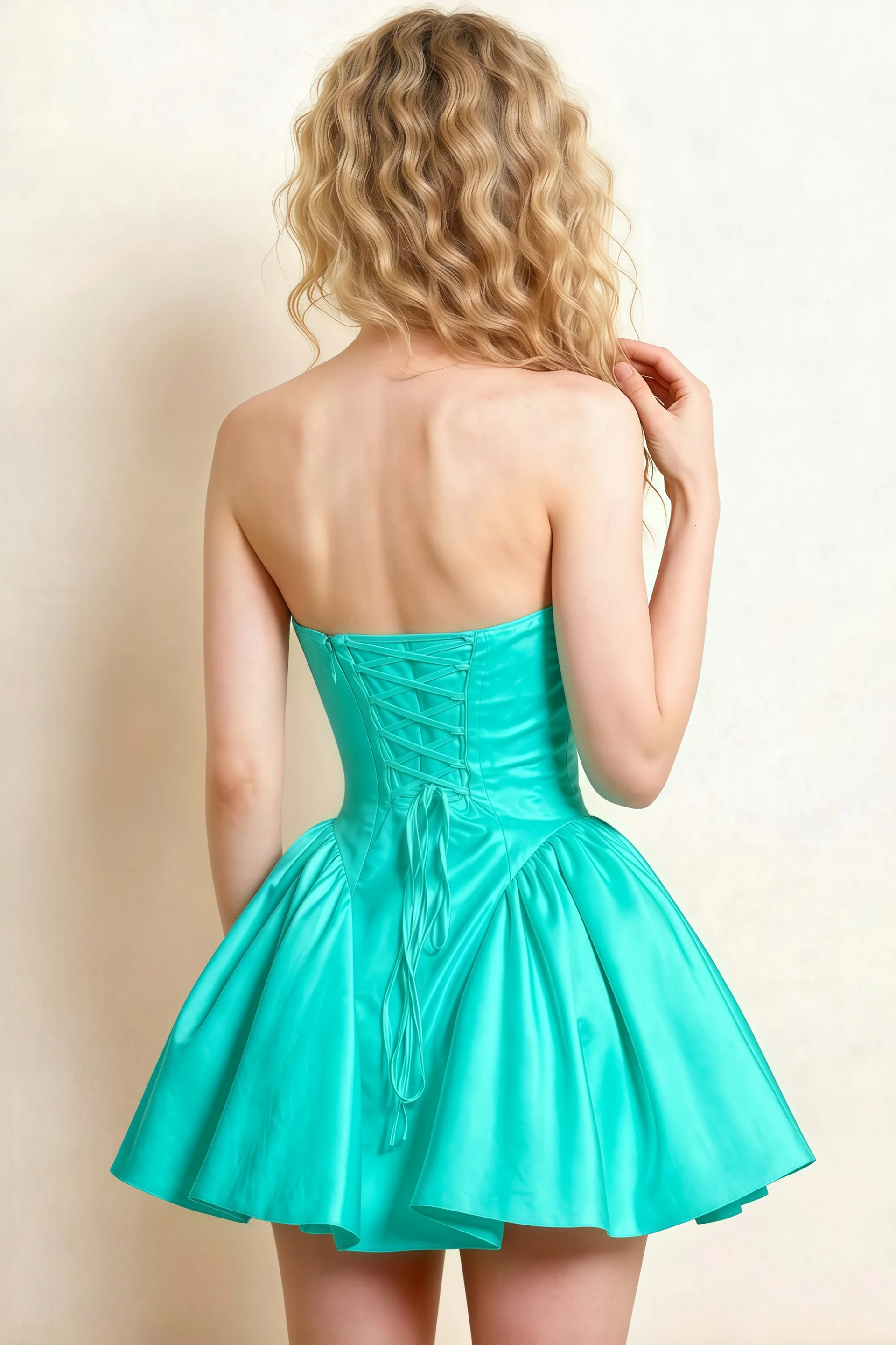 April Aqua Satin Strapless Lace-up Mini Dress with Bow