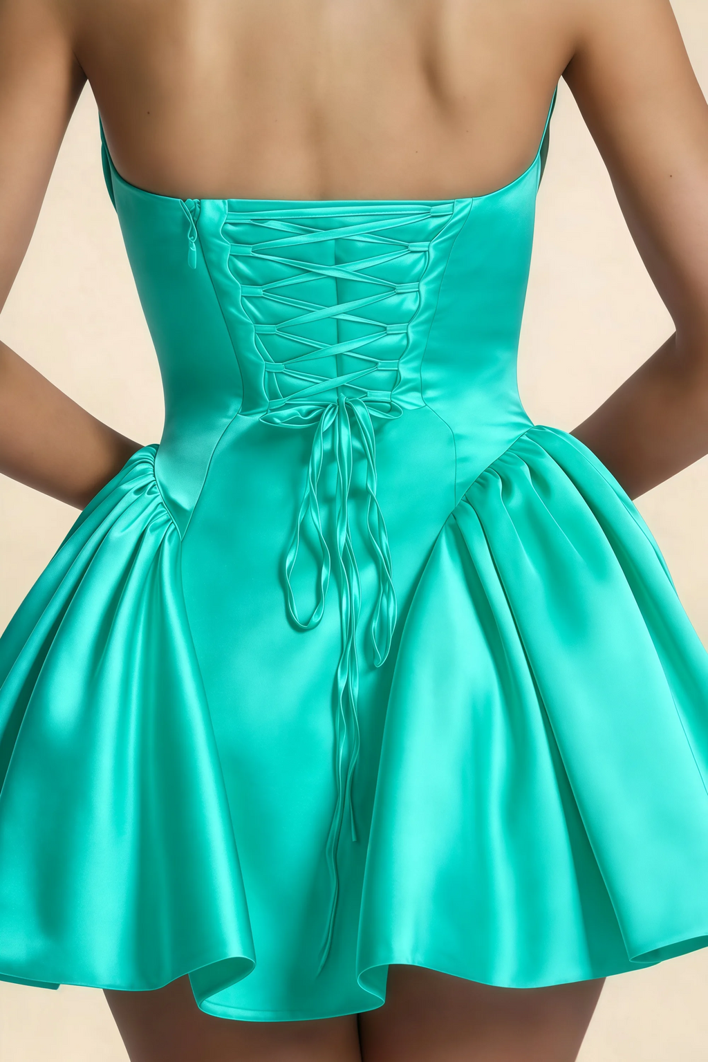 April Aqua Satin Strapless Lace-up Mini Dress with Bow