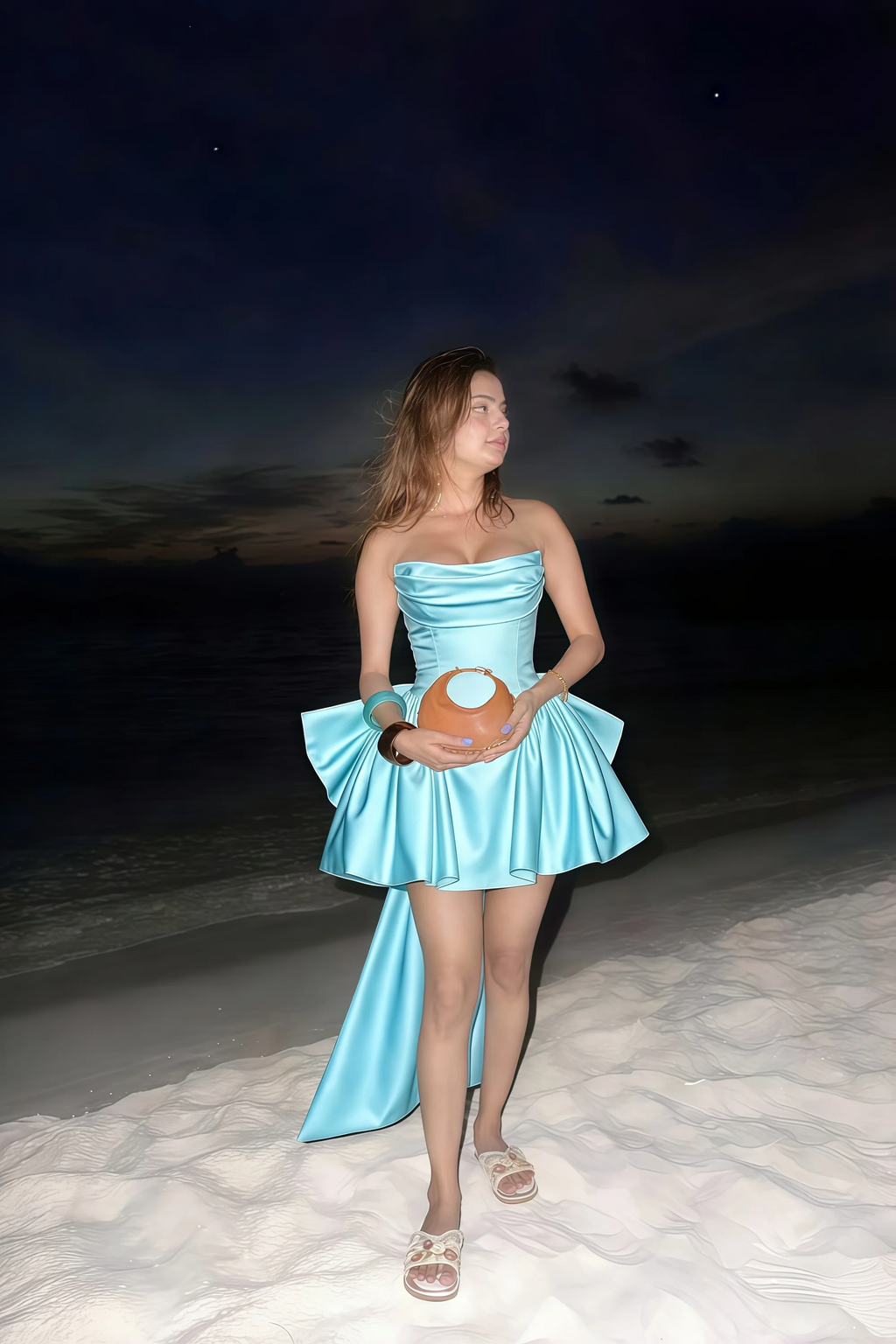 April Baby Blue Satin Strapless Lace-up Mini Dress with Bow