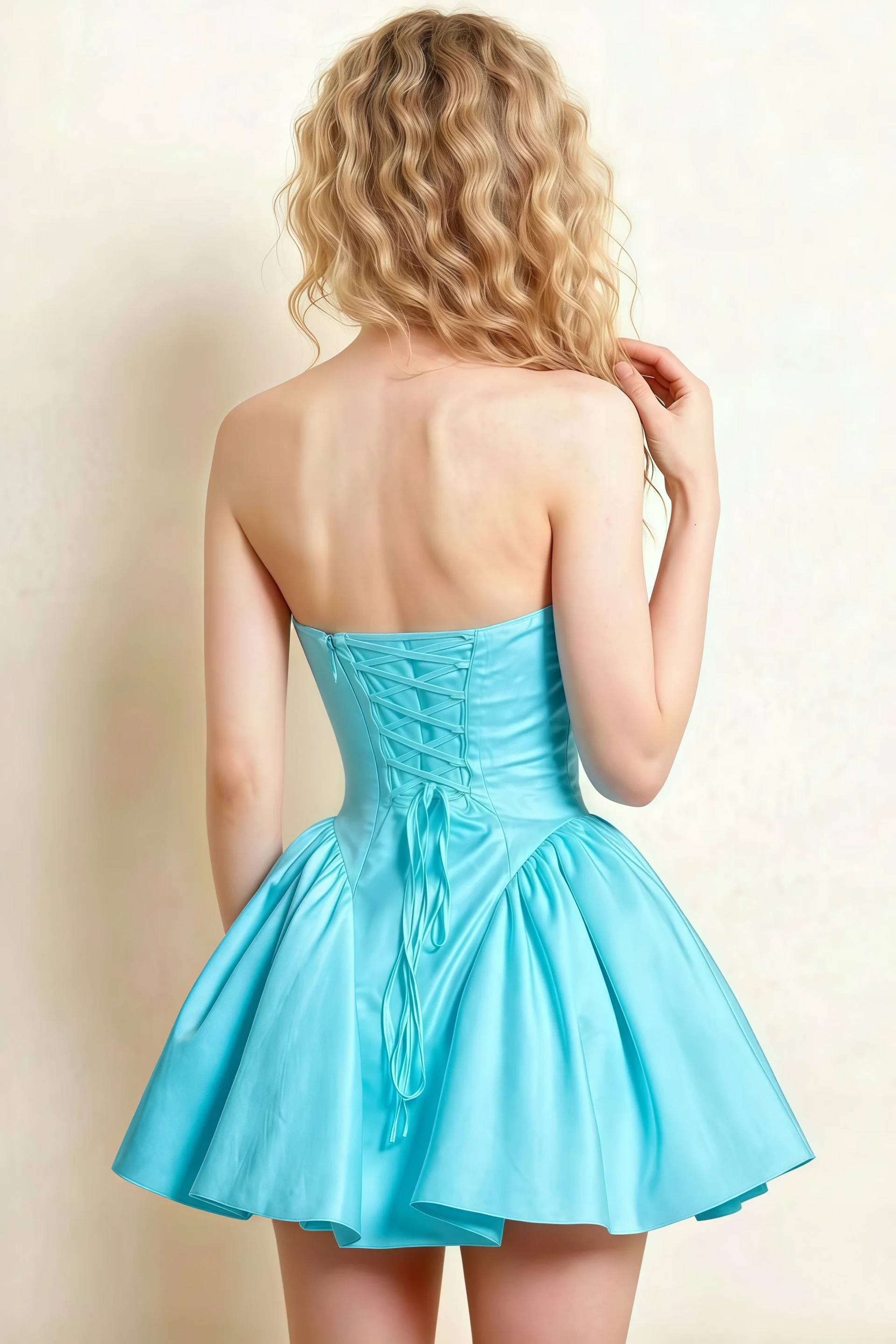 April Baby Blue Satin Strapless Lace-up Mini Dress with Bow