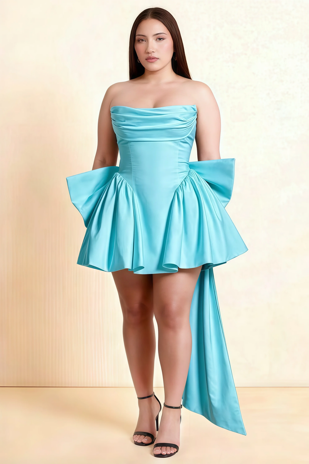 April Baby Blue Satin Strapless Lace-up Mini Dress with Bow