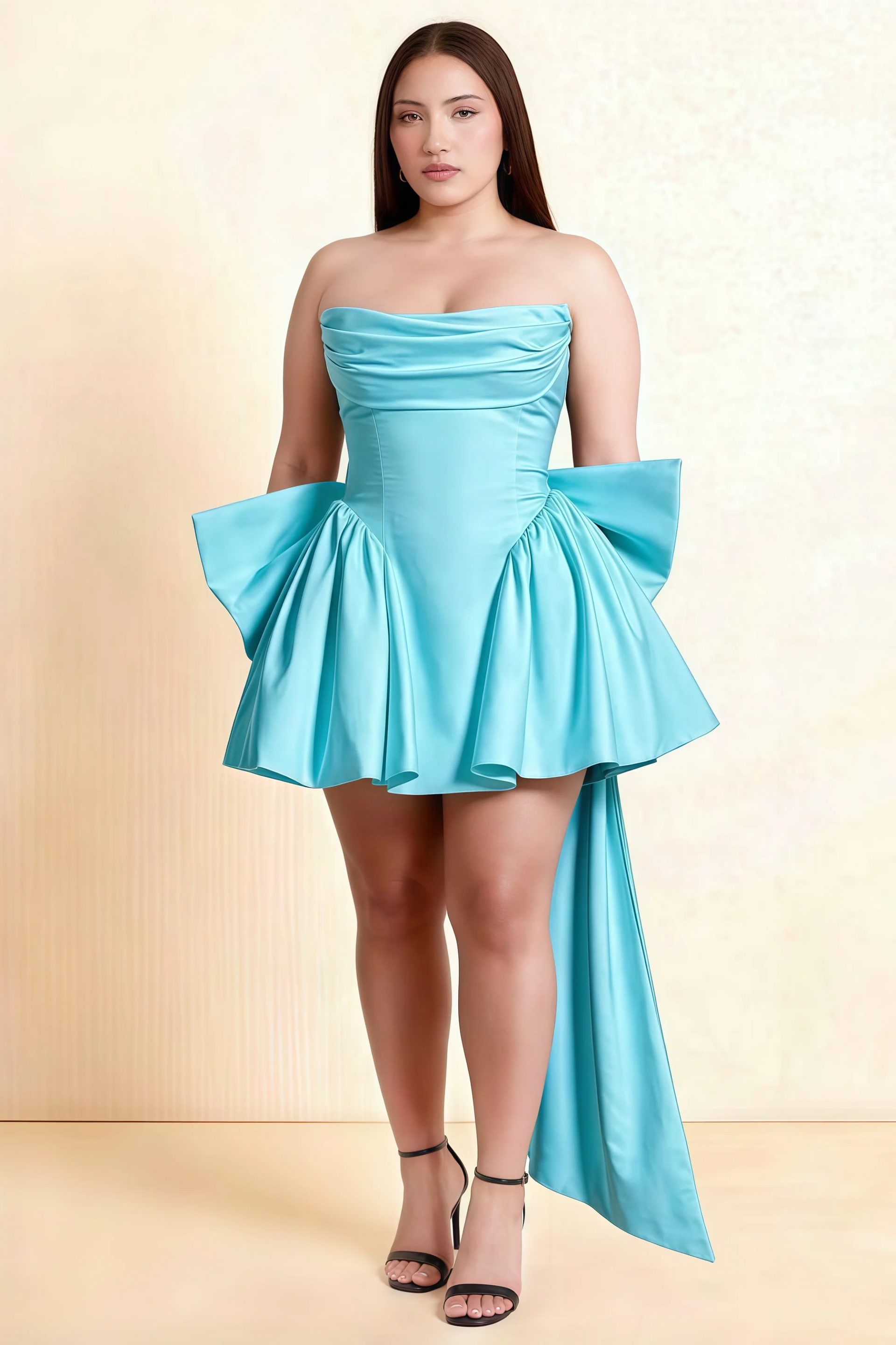 April Baby Blue Satin Strapless Lace-up Mini Dress with Bow