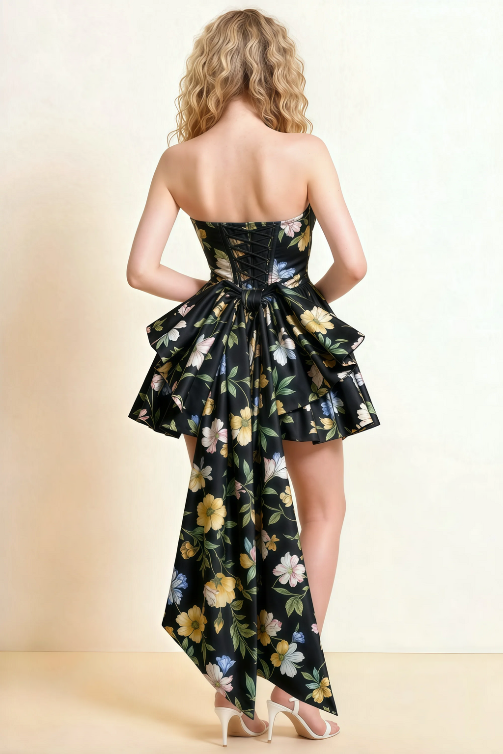 April Black Floral Satin Strapless Lace-up Mini Dress with Bow