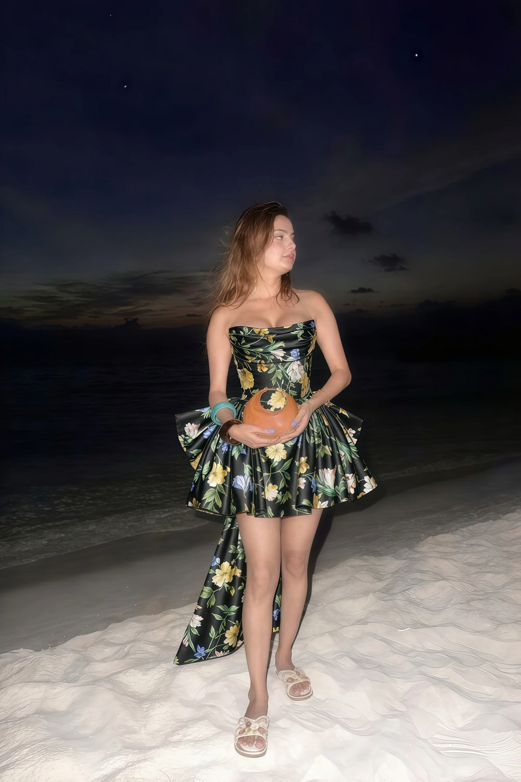 April Black Floral Satin Strapless Lace-up Mini Dress with Bow