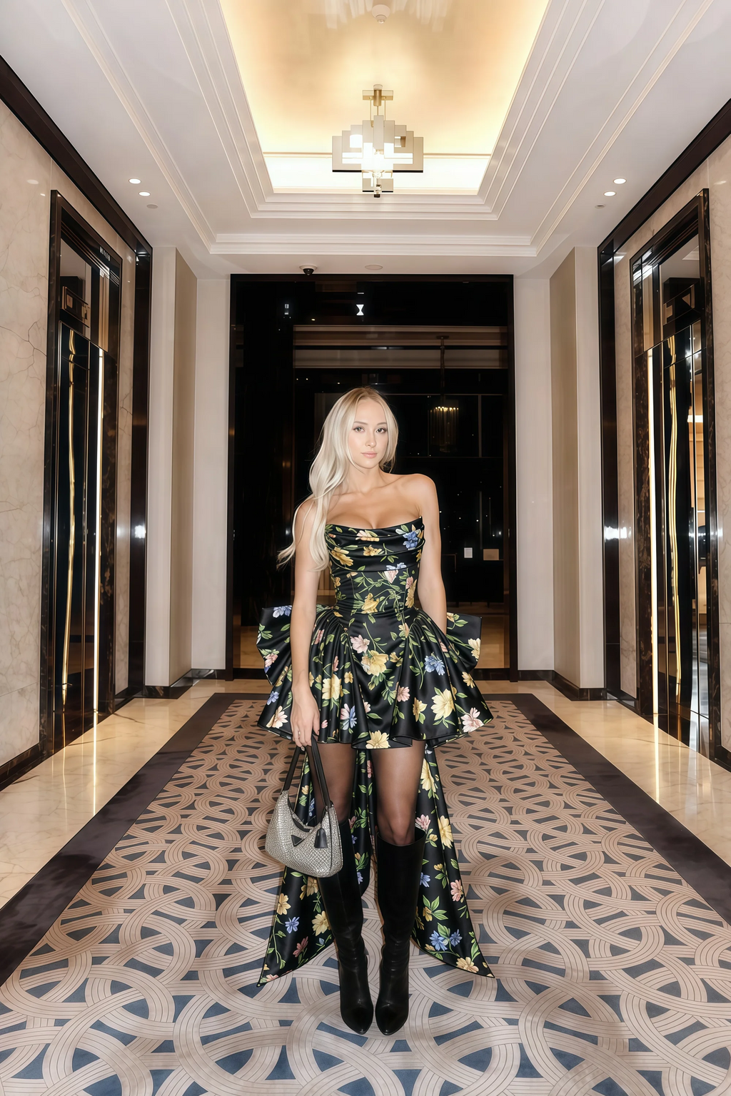 April Black Floral Satin Strapless Lace-up Mini Dress with Bow