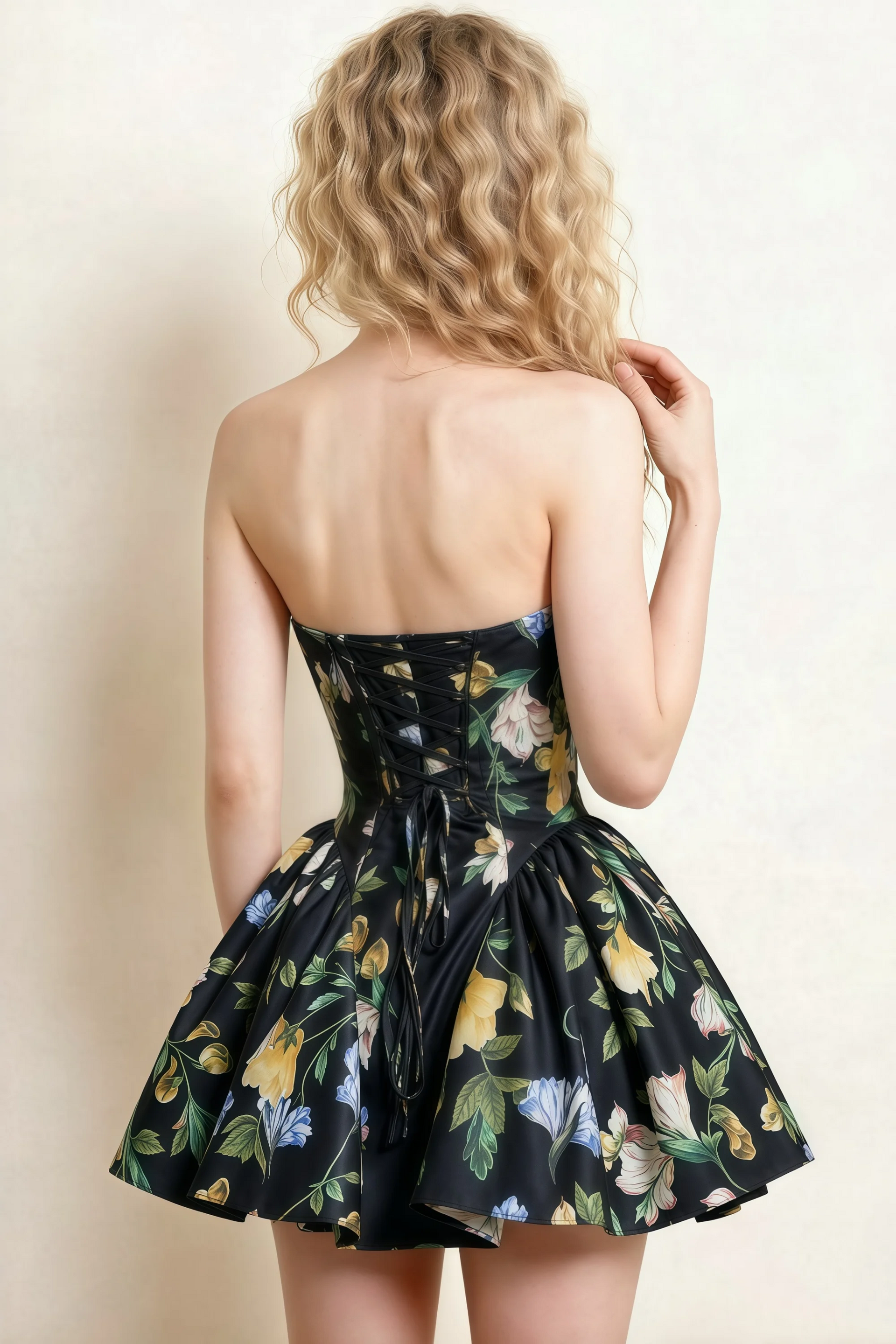 April Black Floral Satin Strapless Lace-up Mini Dress with Bow