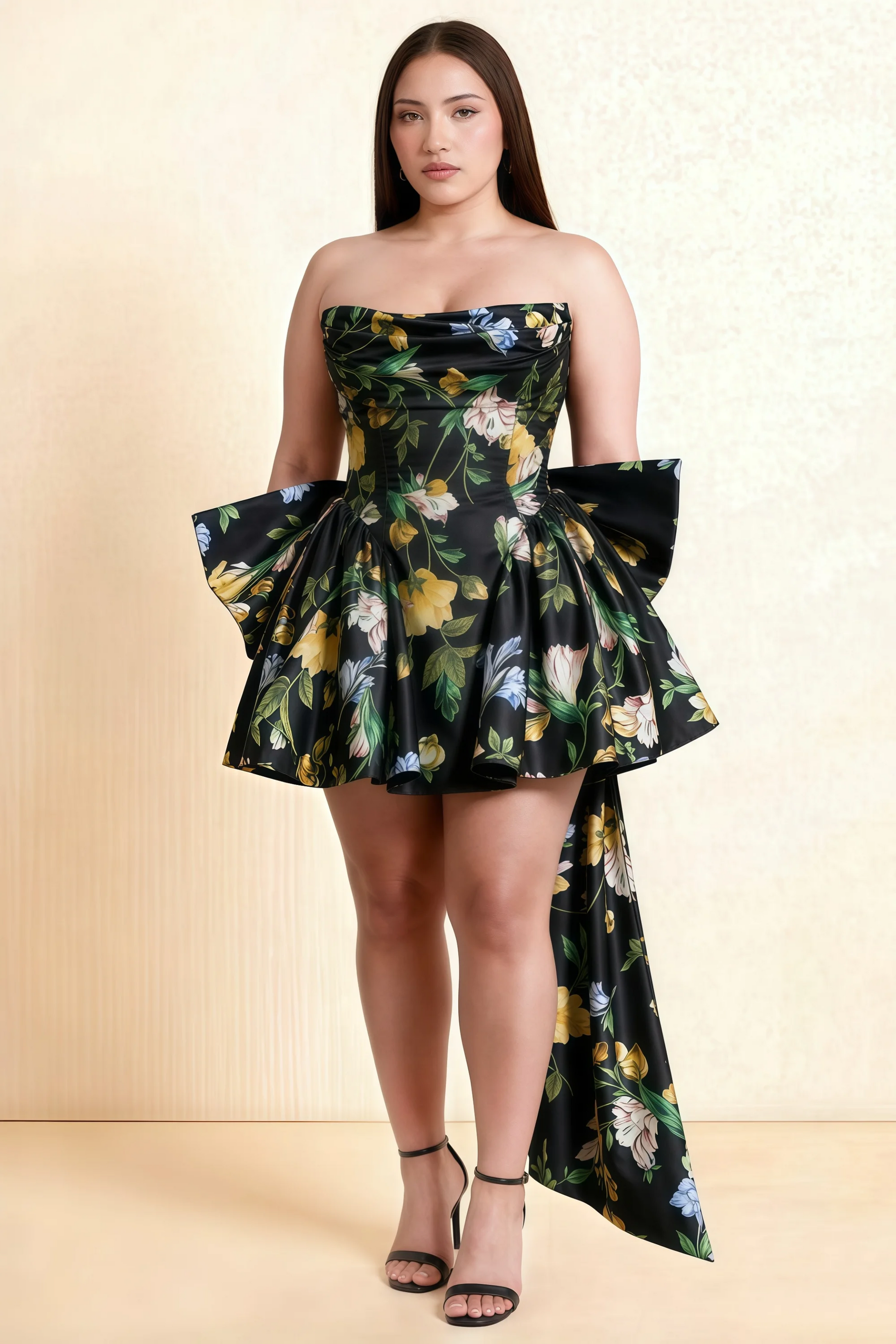 April Black Floral Satin Strapless Lace-up Mini Dress with Bow