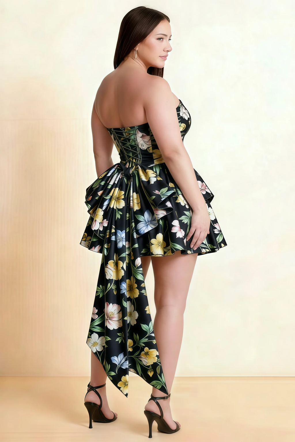 April Black Floral Satin Strapless Lace-up Mini Dress with Bow