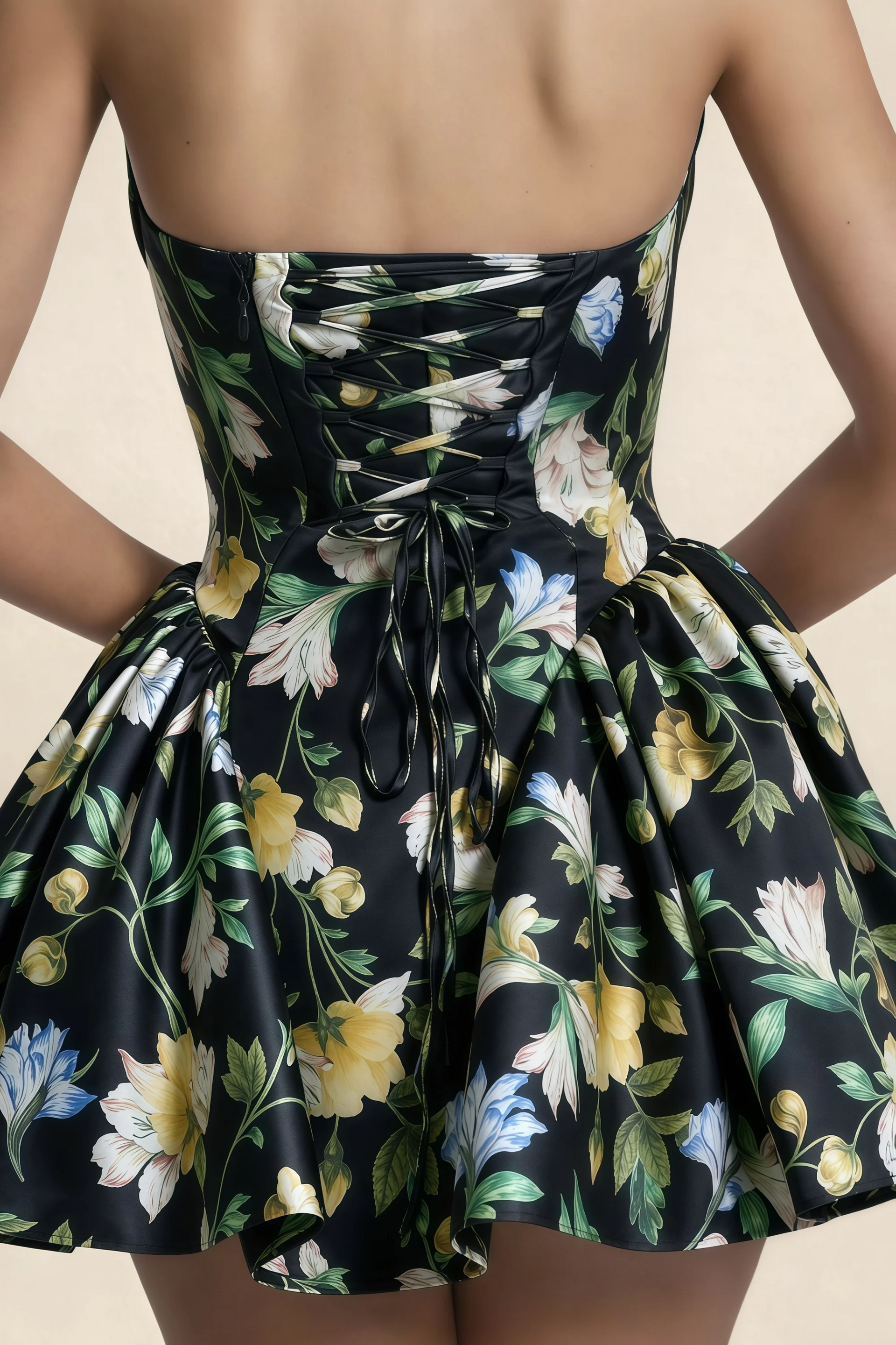 April Black Floral Satin Strapless Lace-up Mini Dress with Bow