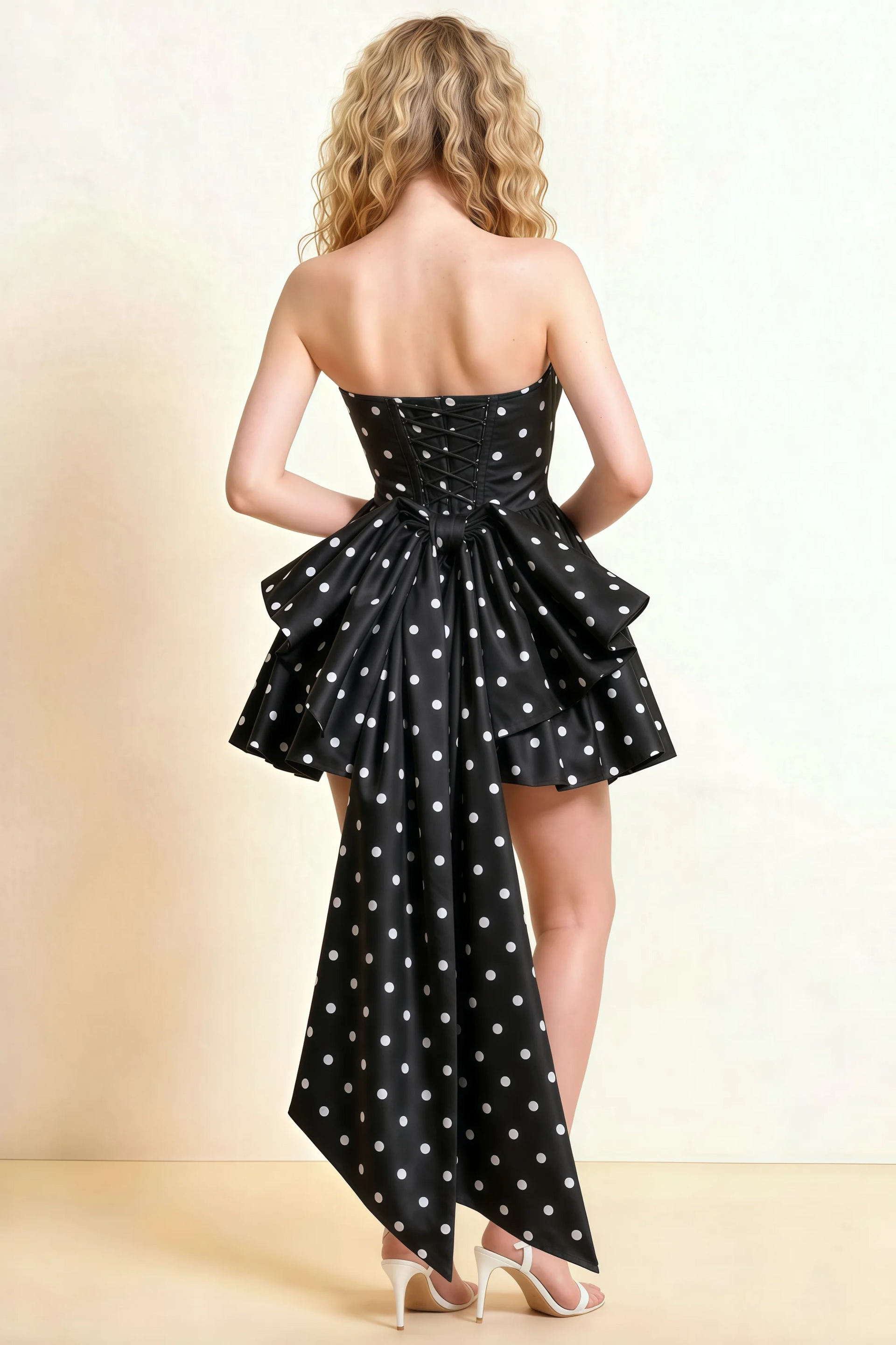 April Black Polka Dot Satin Strapless Lace-up Mini Dress with Bow