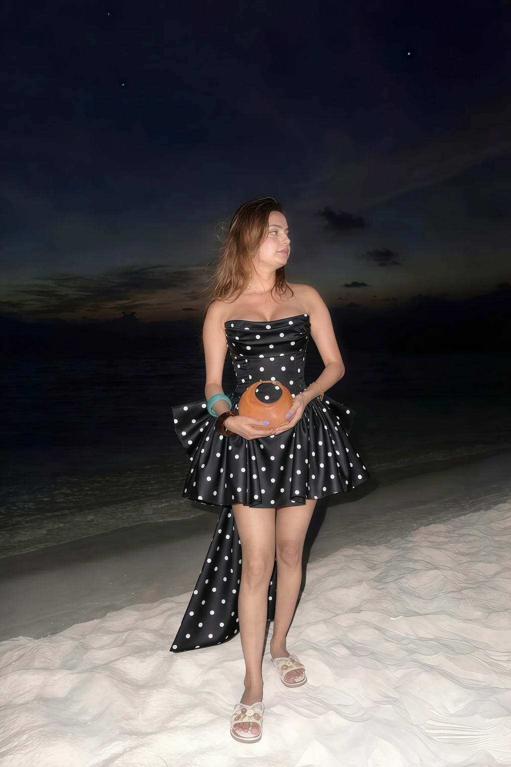 April Black Polka Dot Satin Strapless Lace-up Mini Dress with Bow