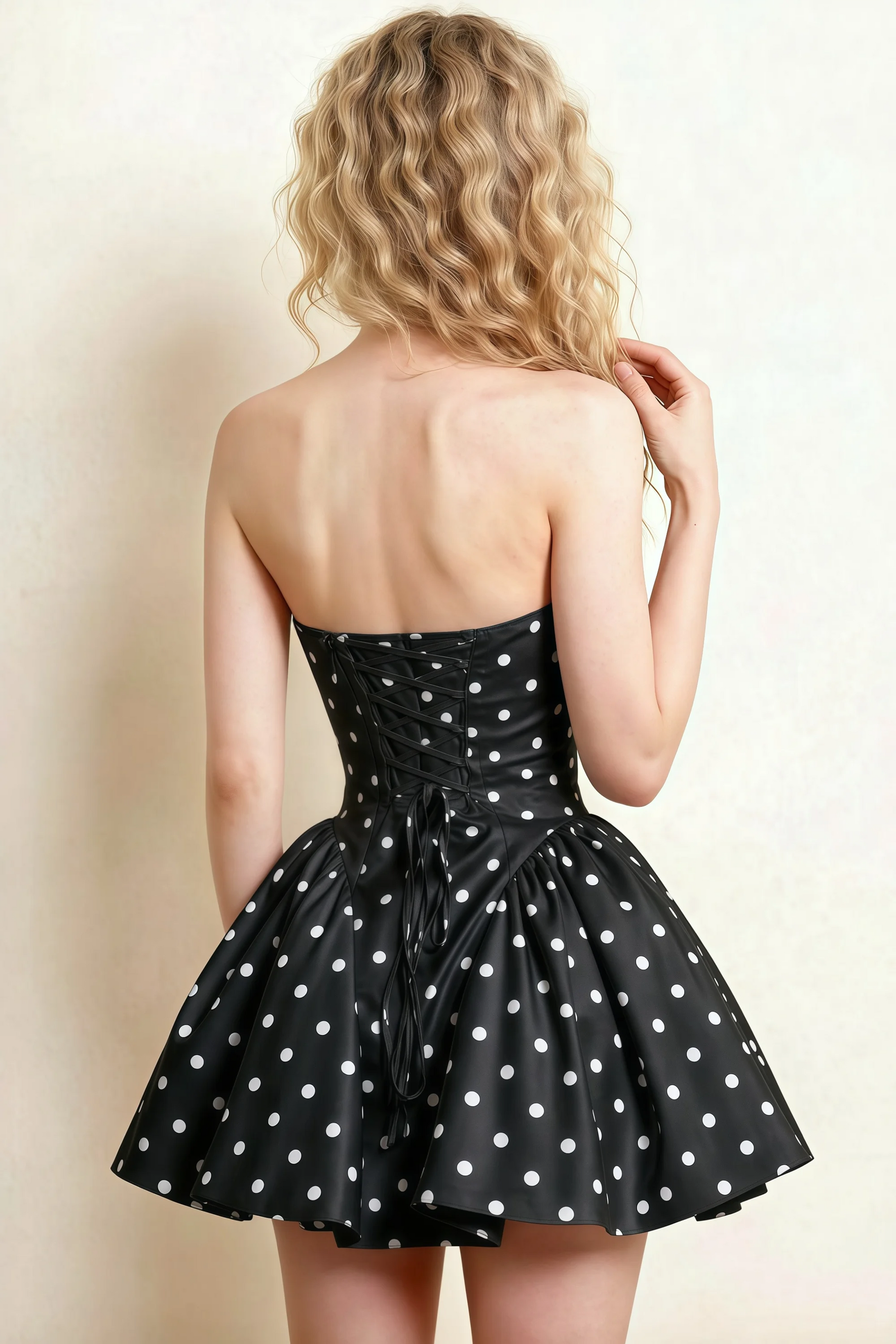 April Black Polka Dot Satin Strapless Lace-up Mini Dress with Bow