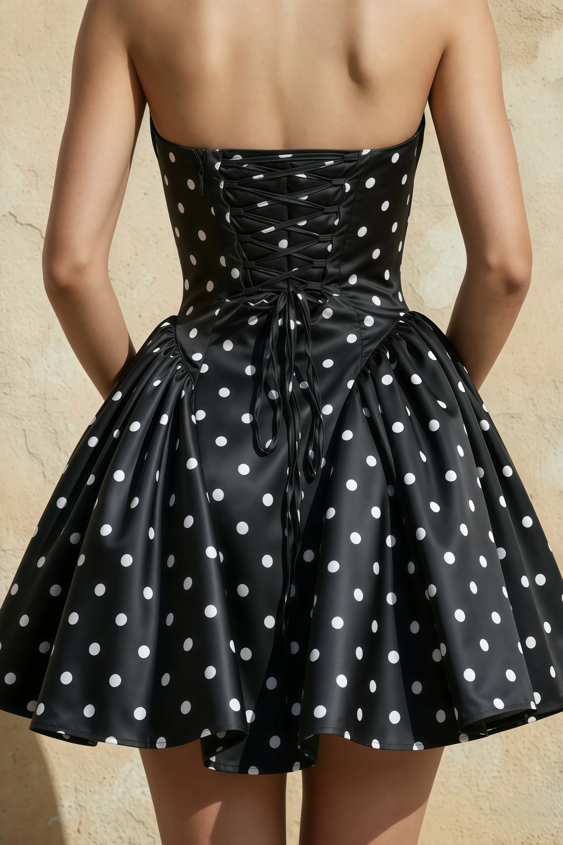 April Black Polka Dot Satin Strapless Lace-up Mini Dress with Bow
