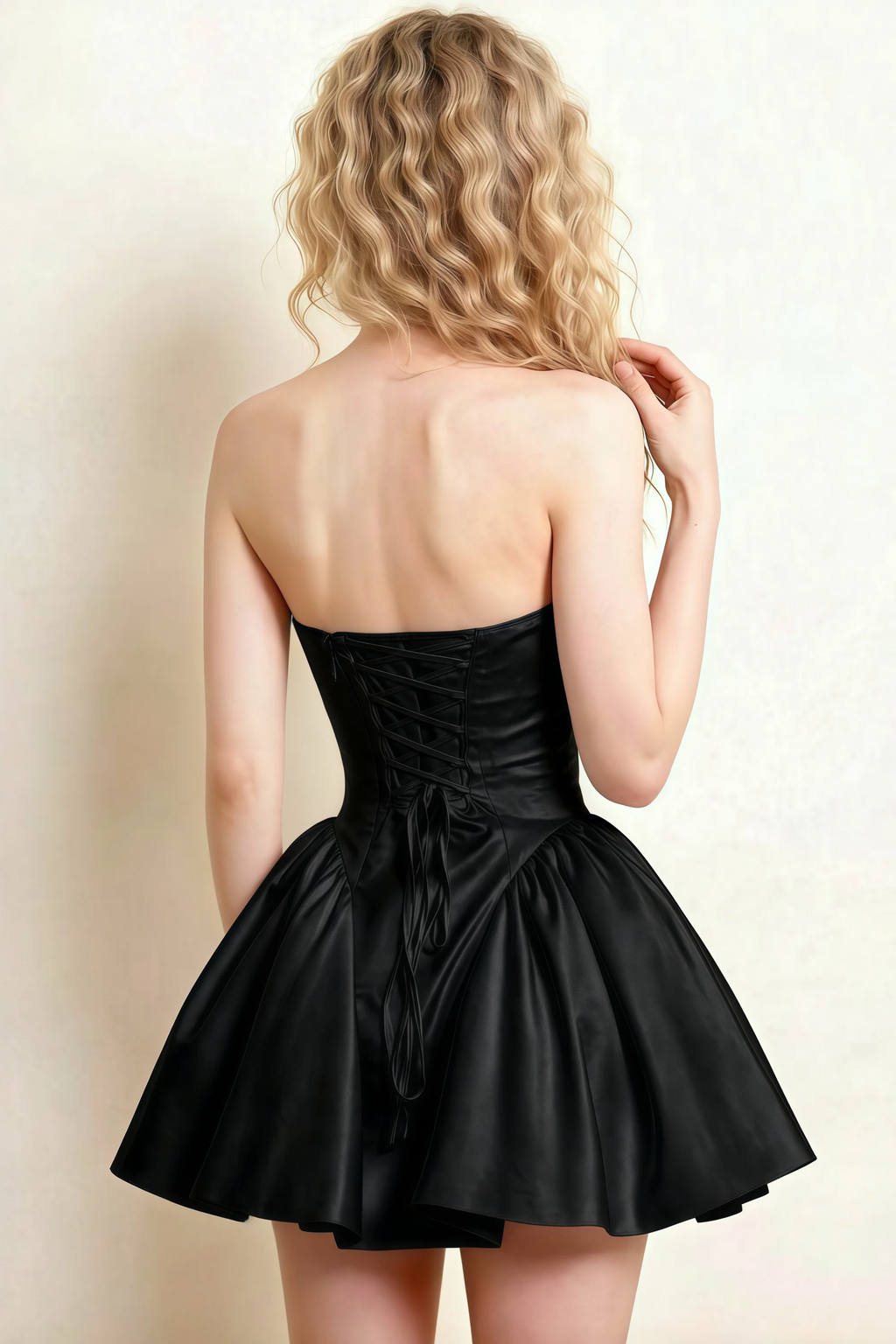 April Black Satin Strapless Lace-up Mini Dress with Bow
