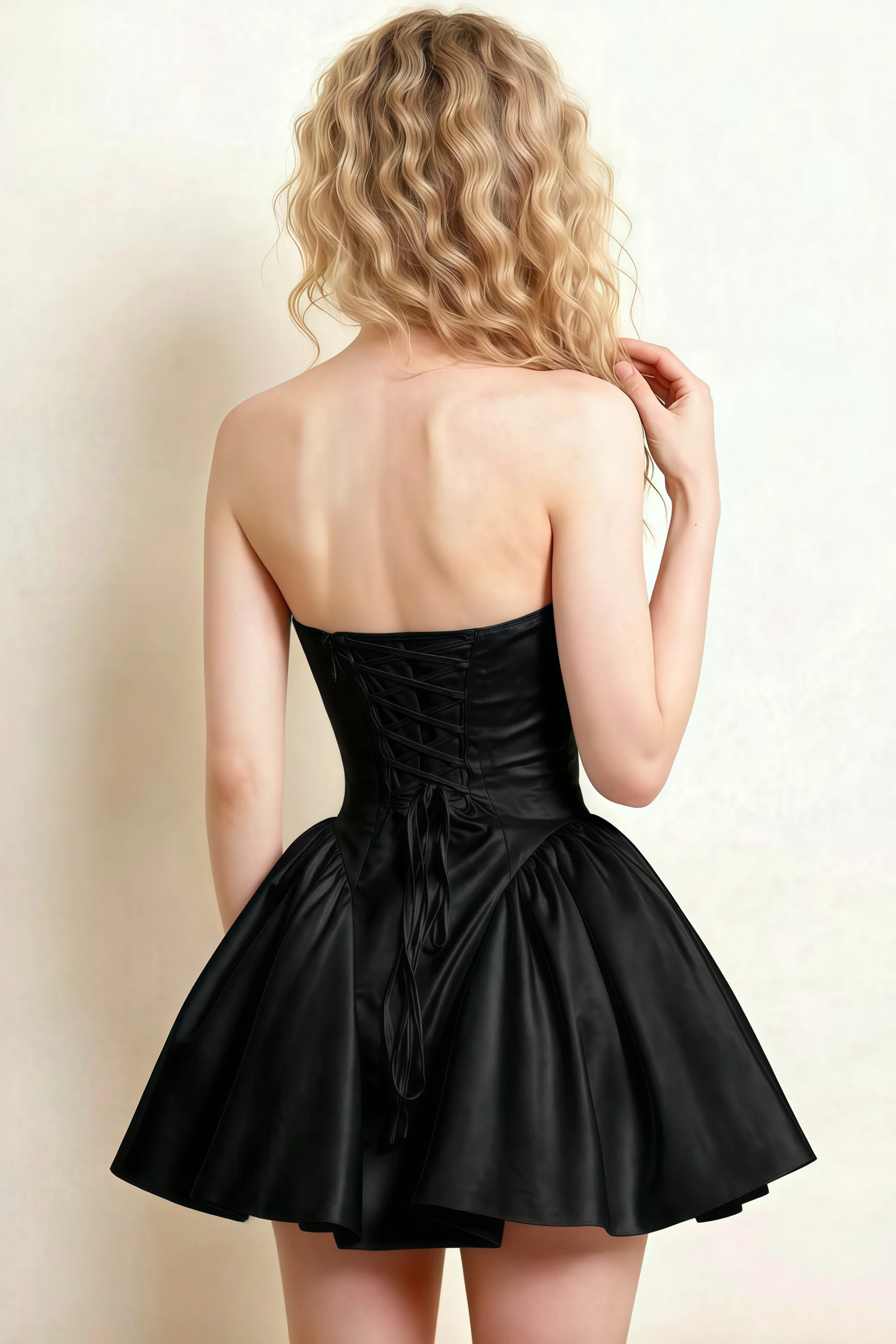 April Black Satin Strapless Lace-up Mini Dress with Bow