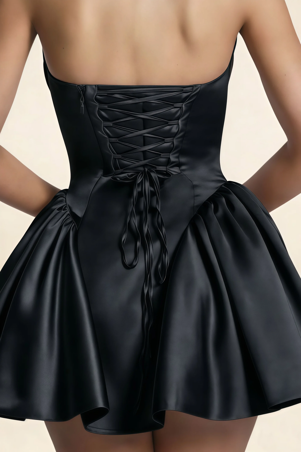 April Black Satin Strapless Lace-up Mini Dress with Bow
