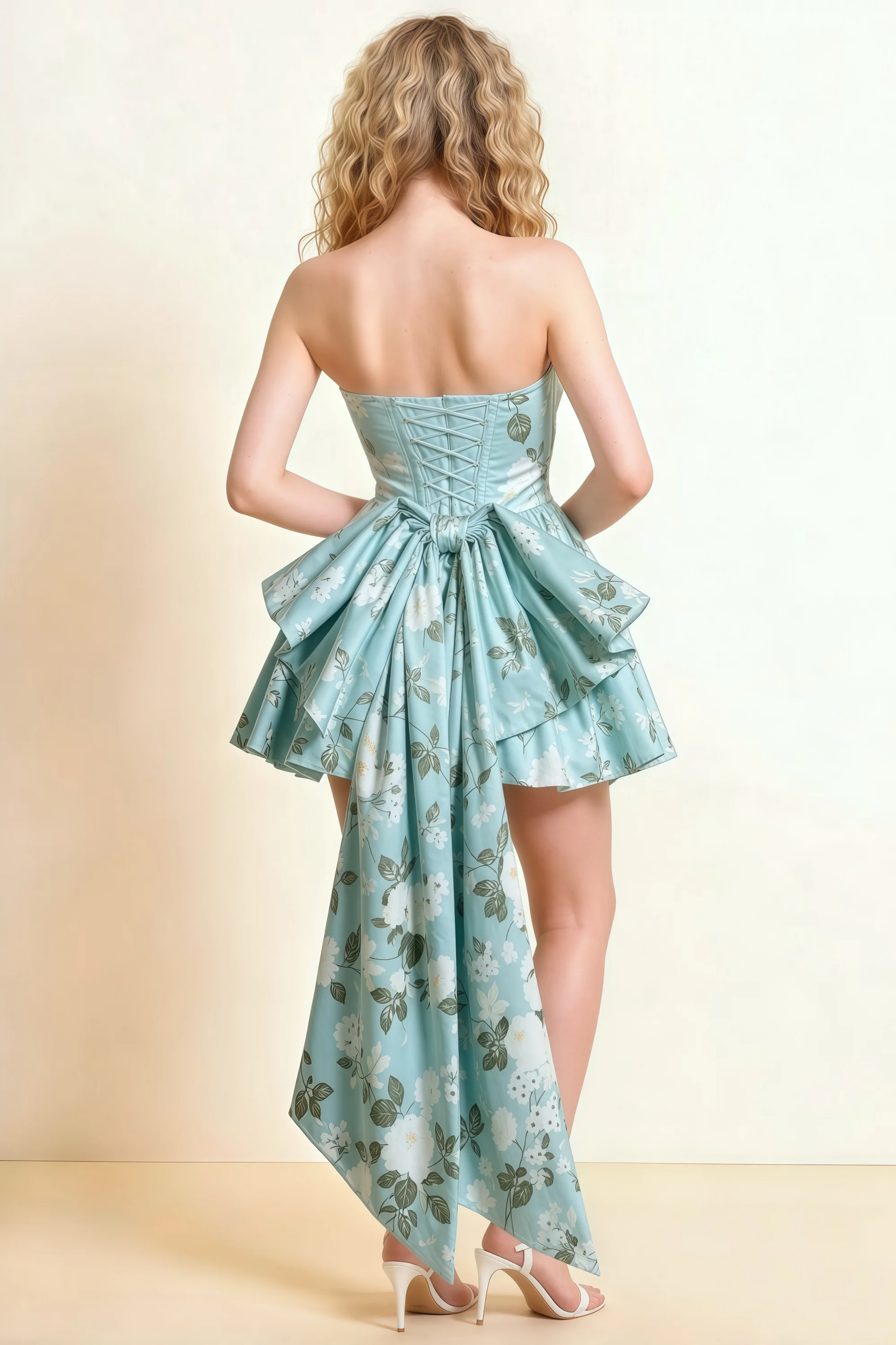 April Blue Floral Satin Strapless Lace-up Mini Dress with Bow