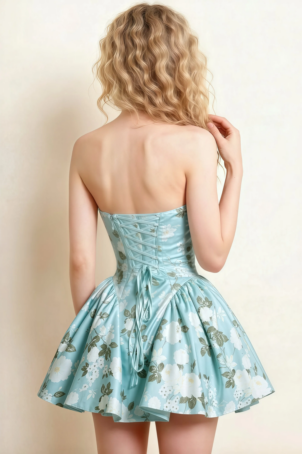 April Blue Floral Satin Strapless Lace-up Mini Dress with Bow