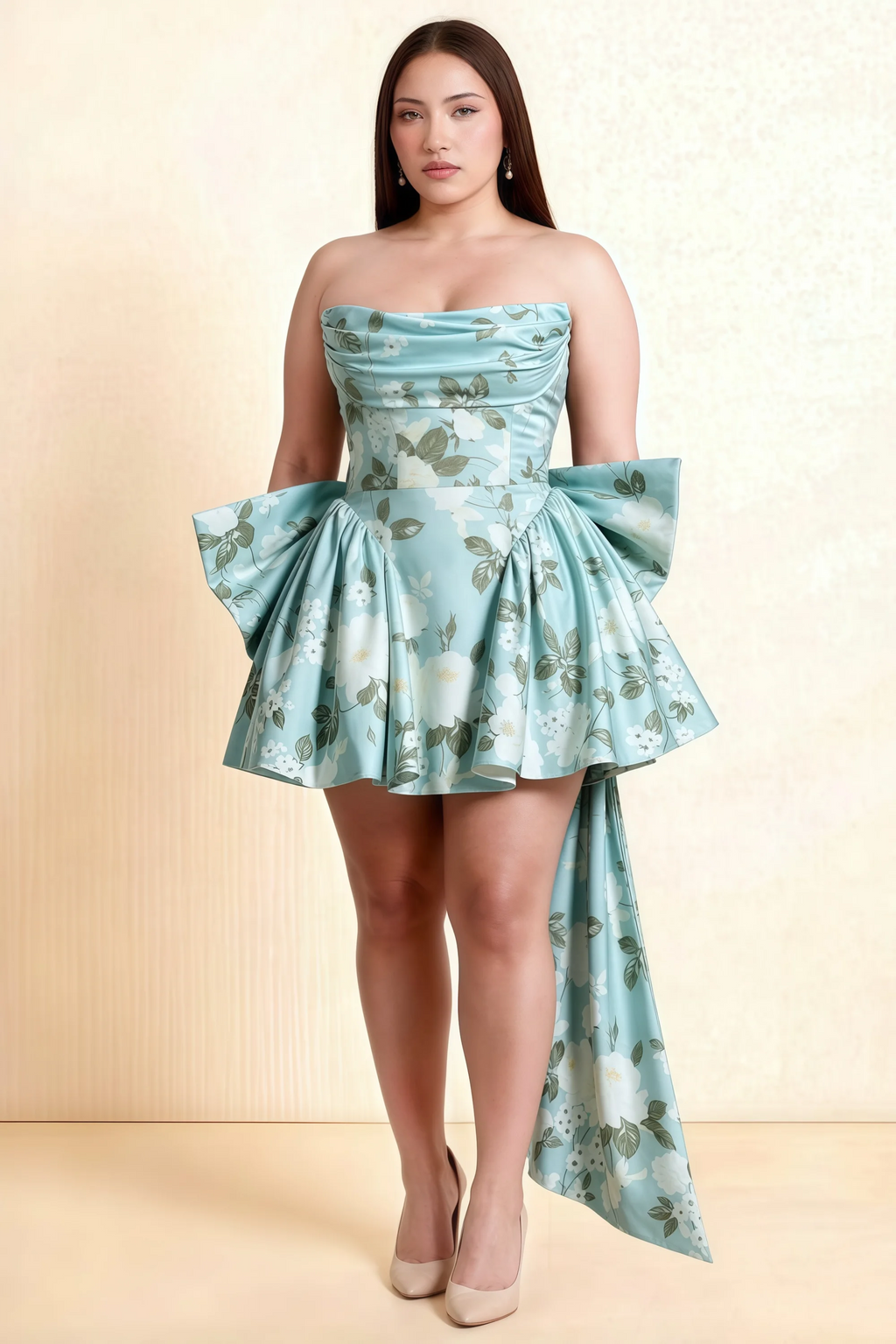April Blue Floral Satin Strapless Lace-up Mini Dress with Bow