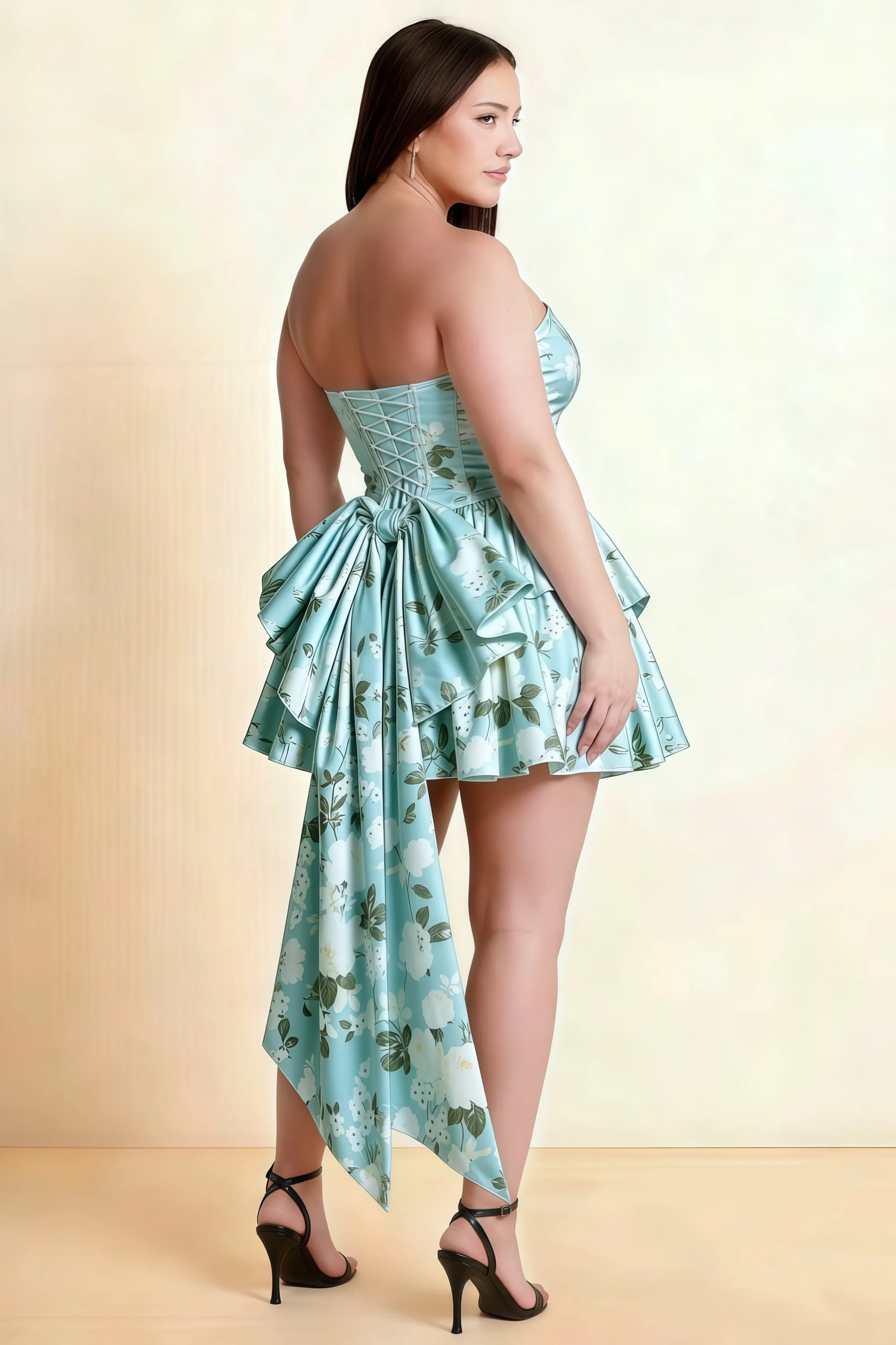 April Blue Floral Satin Strapless Lace-up Mini Dress with Bow
