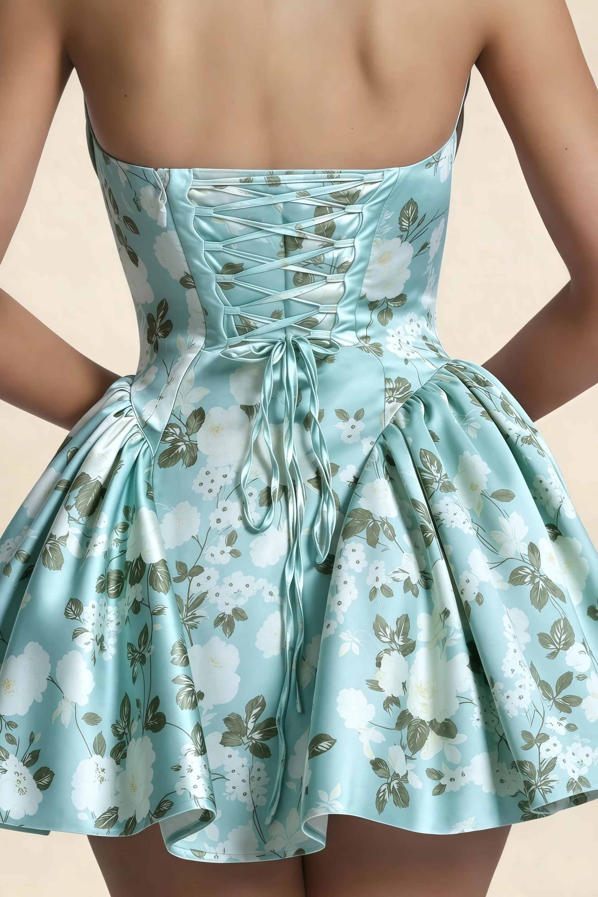 April Blue Floral Satin Strapless Lace-up Mini Dress with Bow