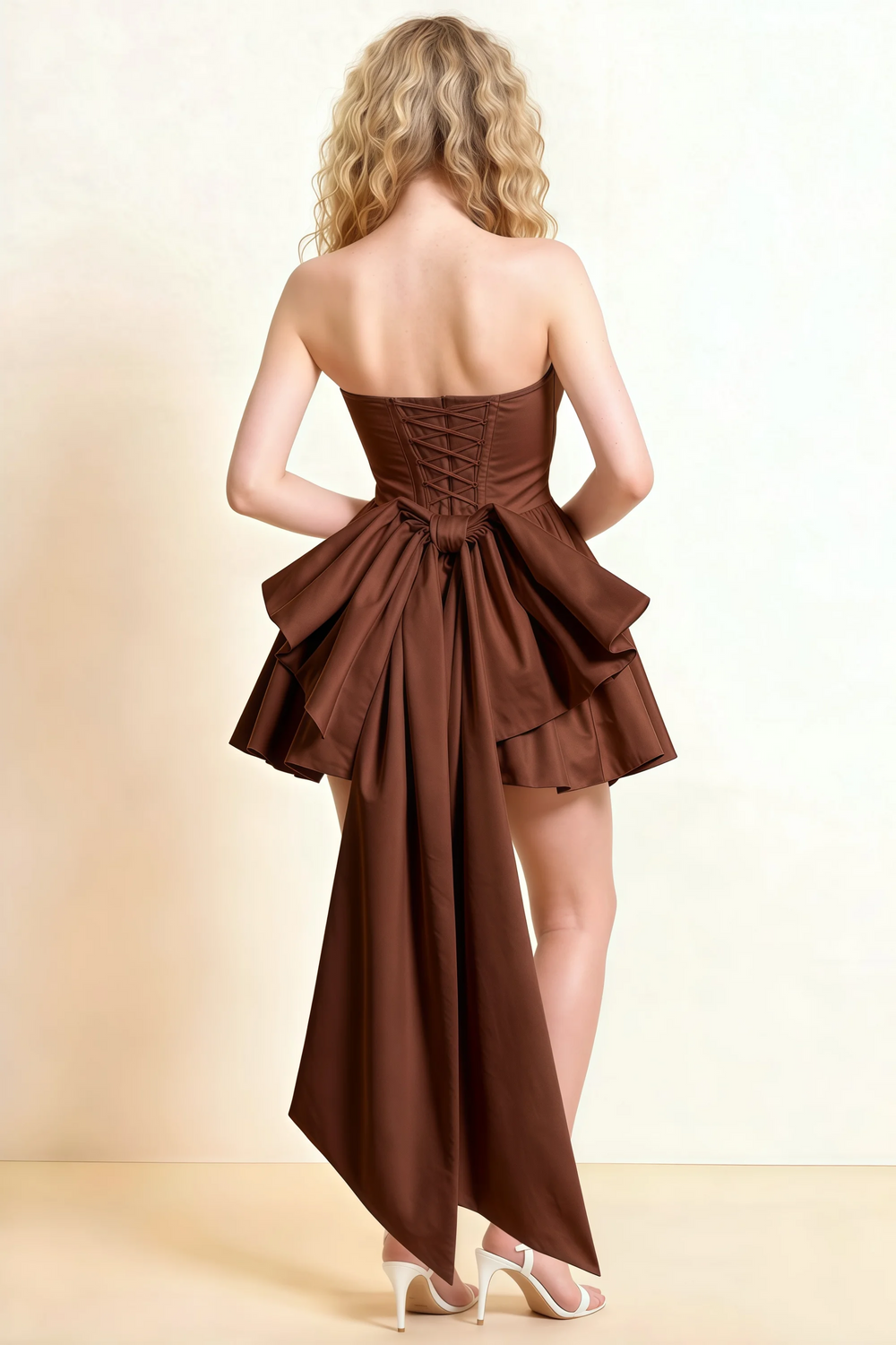 Translation missing: en.Brown satin strapless lace-up mini dress with bow, back view studio shot, corset detail. content.product_image_secondary