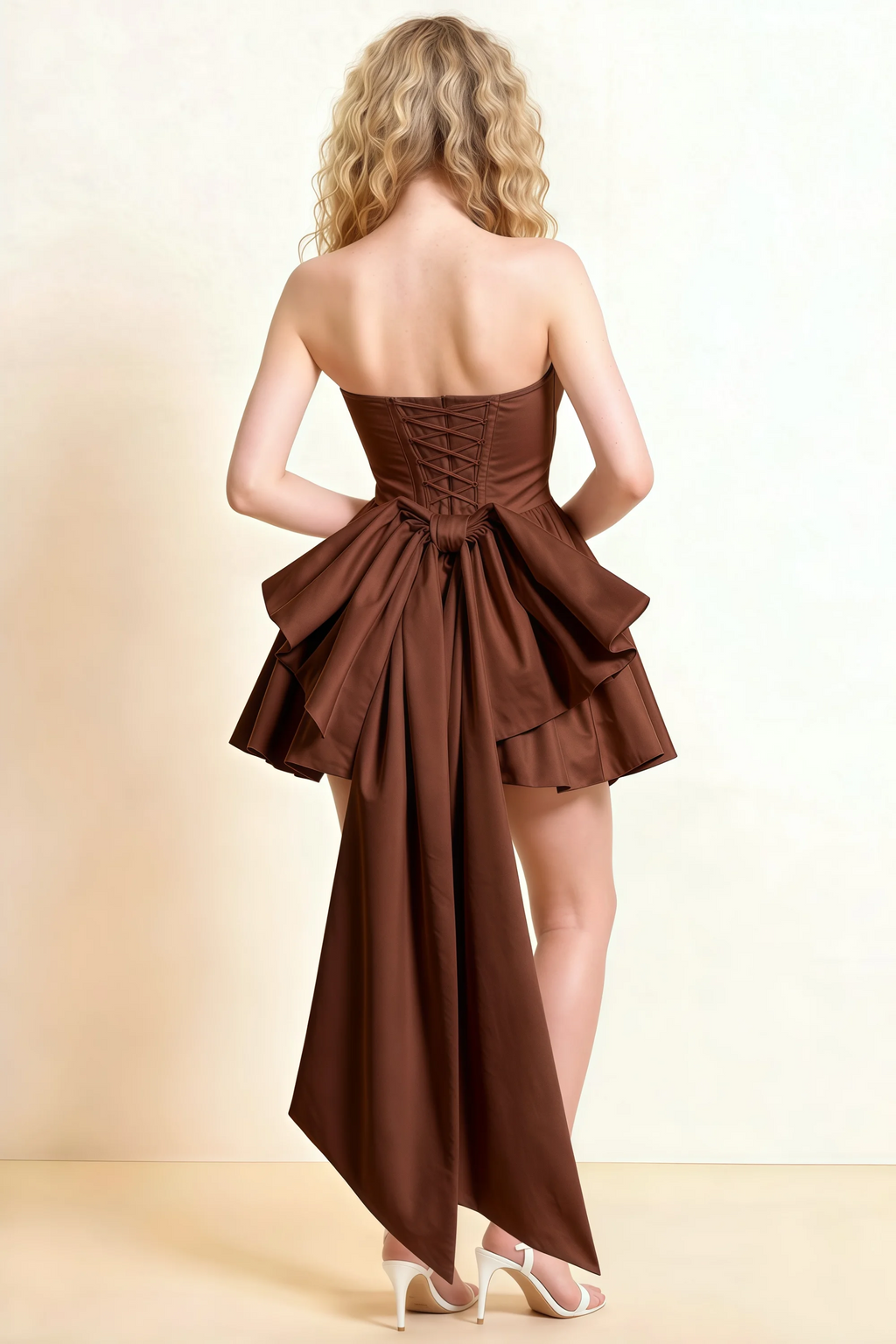 April Brown Satin Strapless Lace-up Mini Dress with Bow