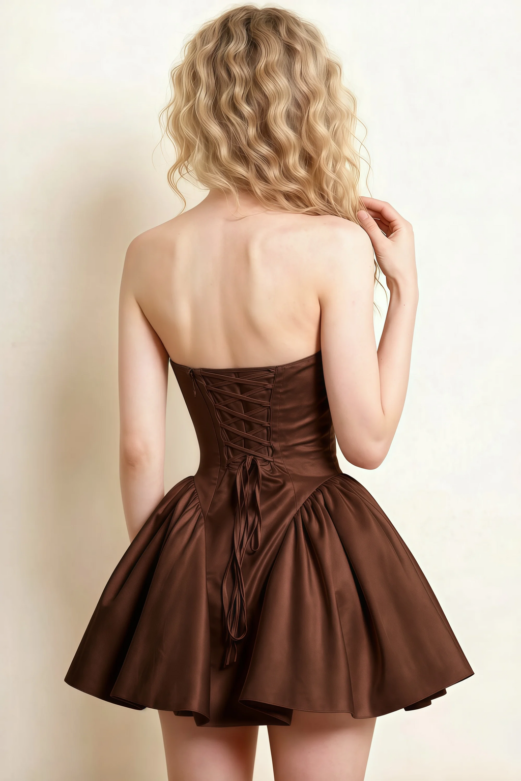 April Brown Satin Strapless Lace-up Mini Dress with Bow