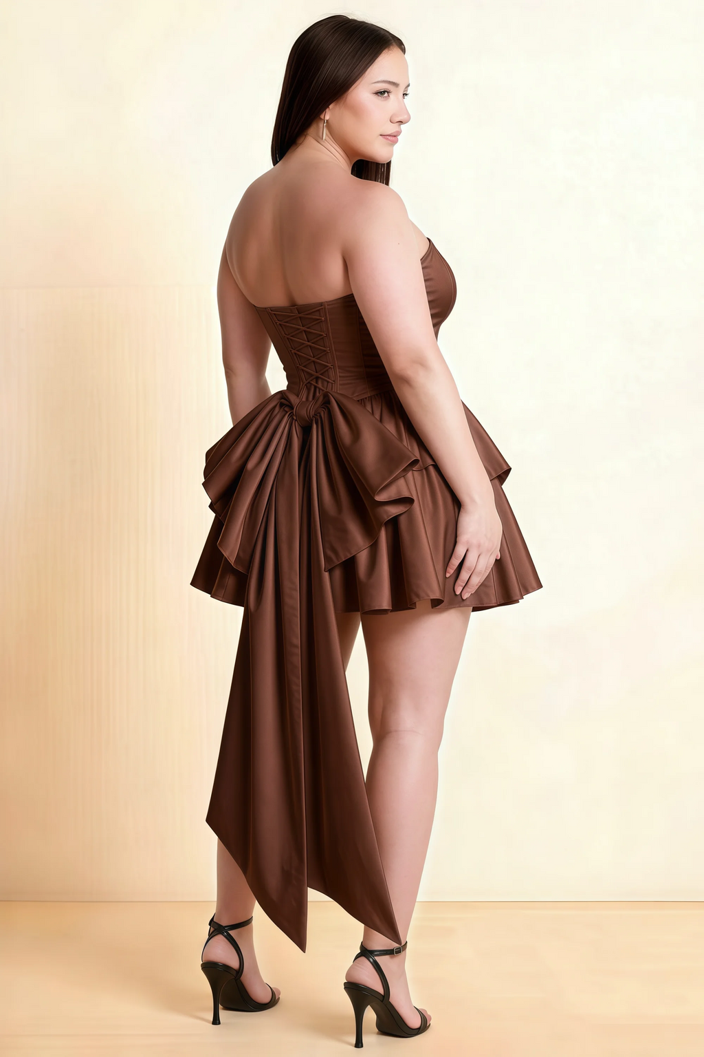 April Brown Satin Strapless Lace-up Mini Dress with Bow