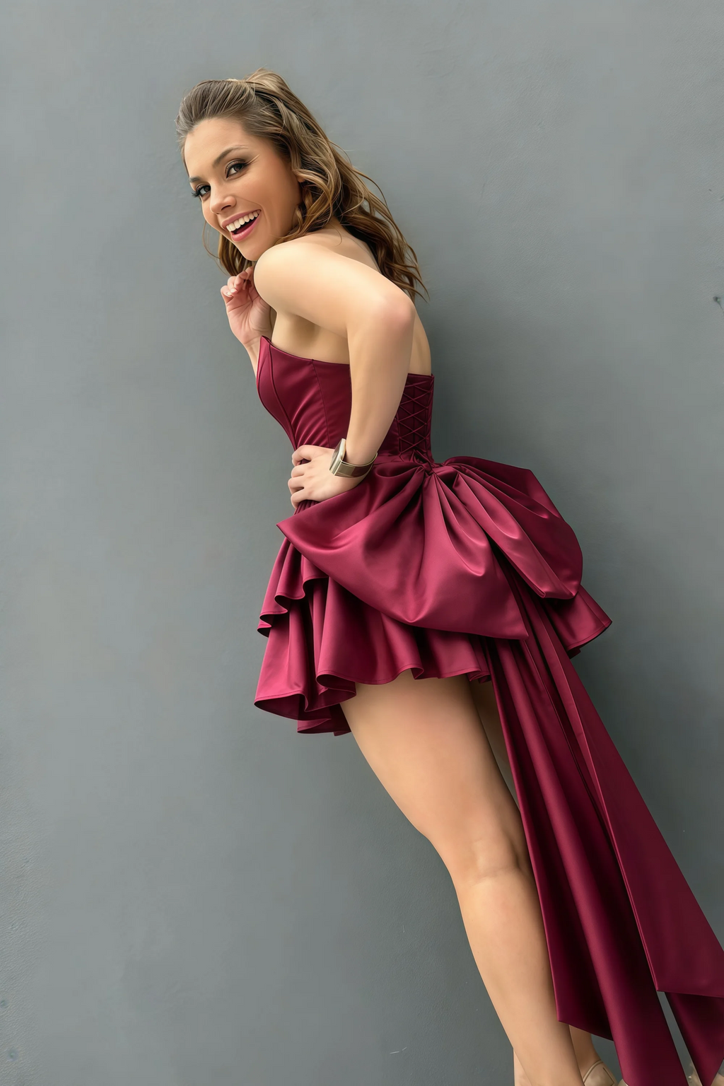 April Burgundy Satin Strapless Lace-up Mini Dress with Bow