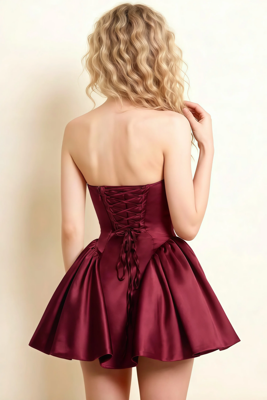 April Burgundy Satin Strapless Lace-up Mini Dress with Bow