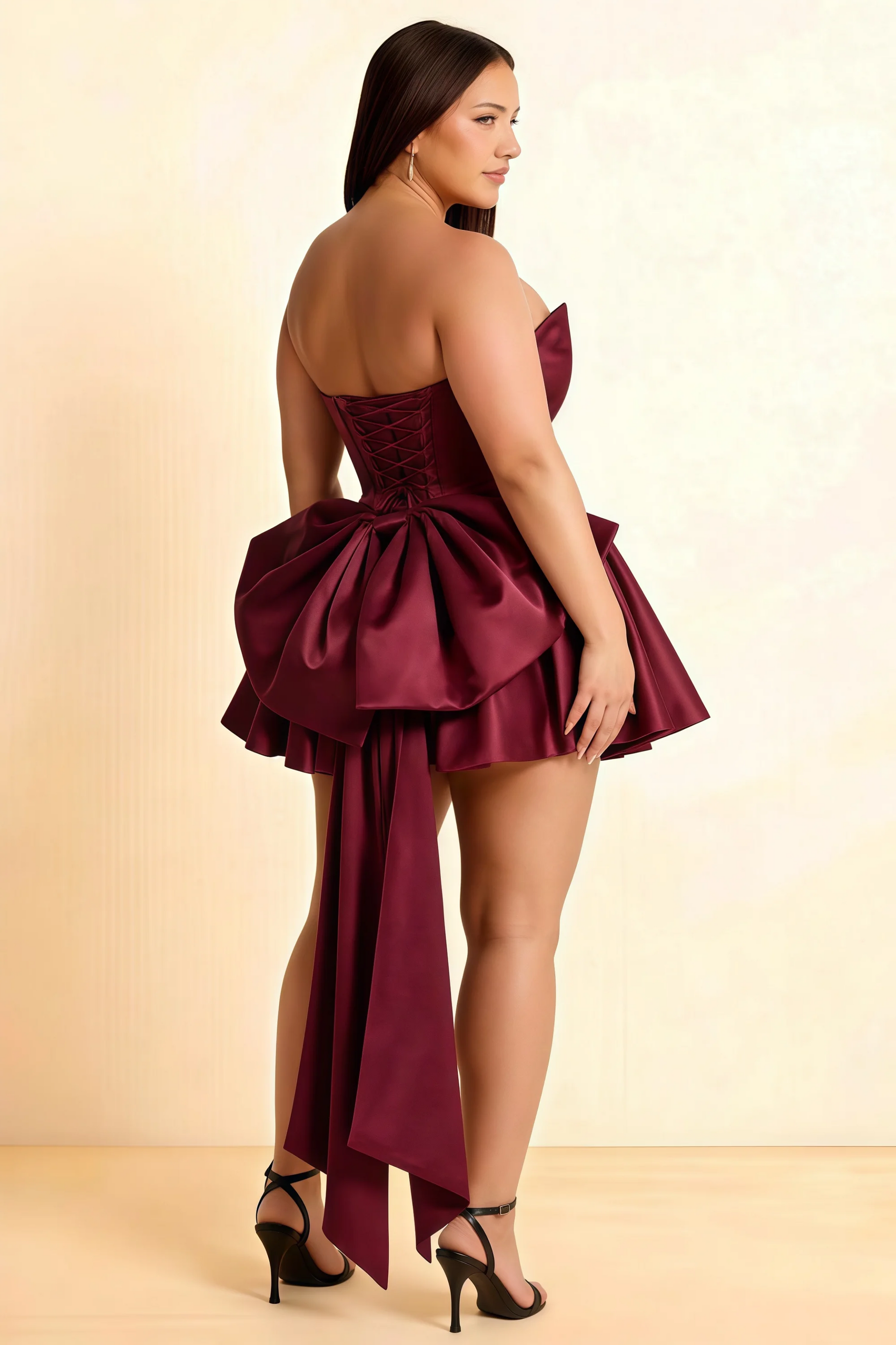April Burgundy Satin Strapless Lace-up Mini Dress with Bow