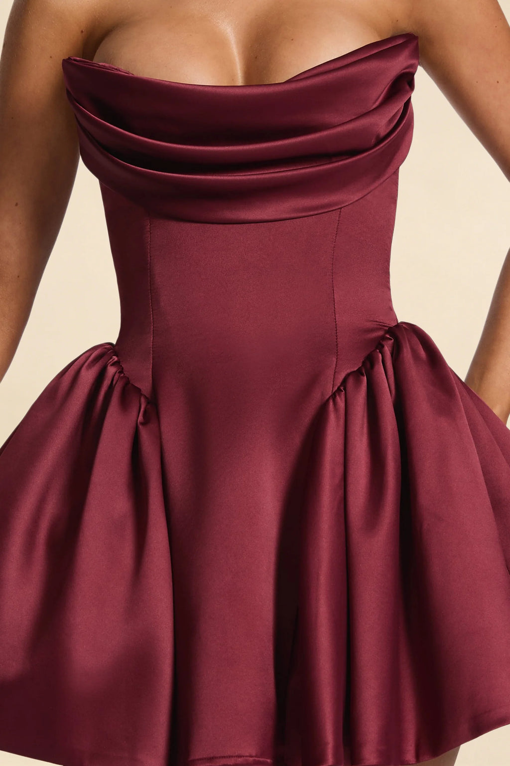 April Burgundy Satin Strapless Lace-up Mini Dress with Bow