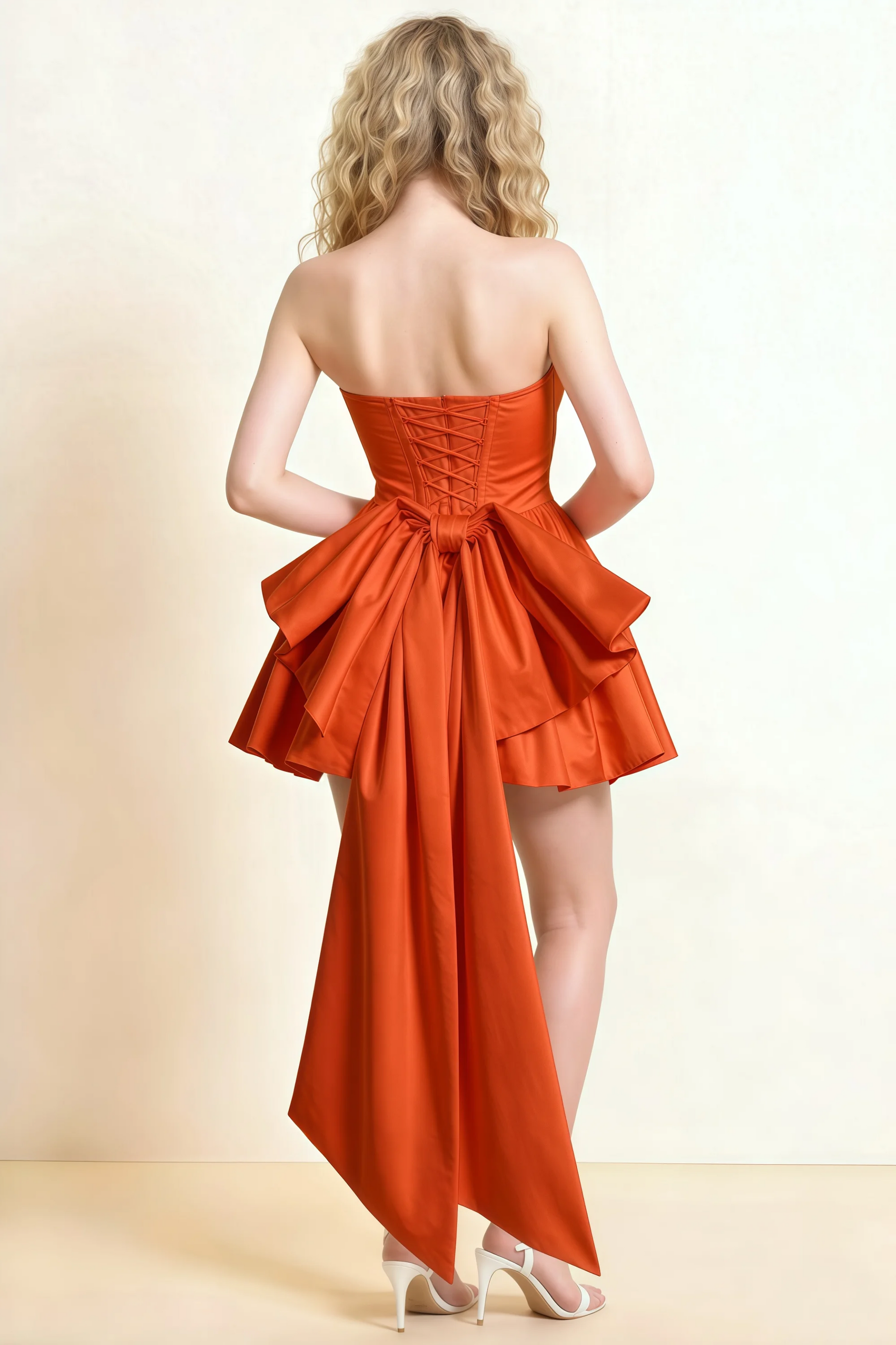 April Burnt Orange Satin Strapless Lace-up Mini Dress with Bow