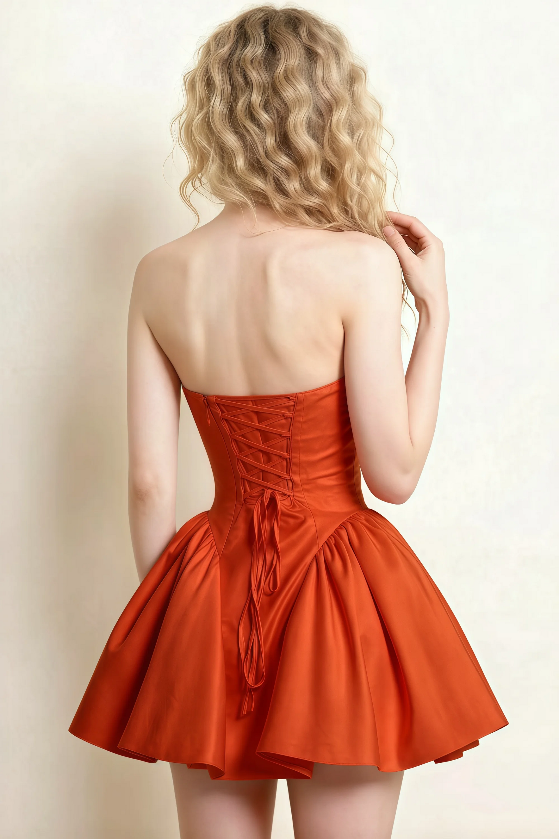 April Burnt Orange Satin Strapless Lace-up Mini Dress with Bow