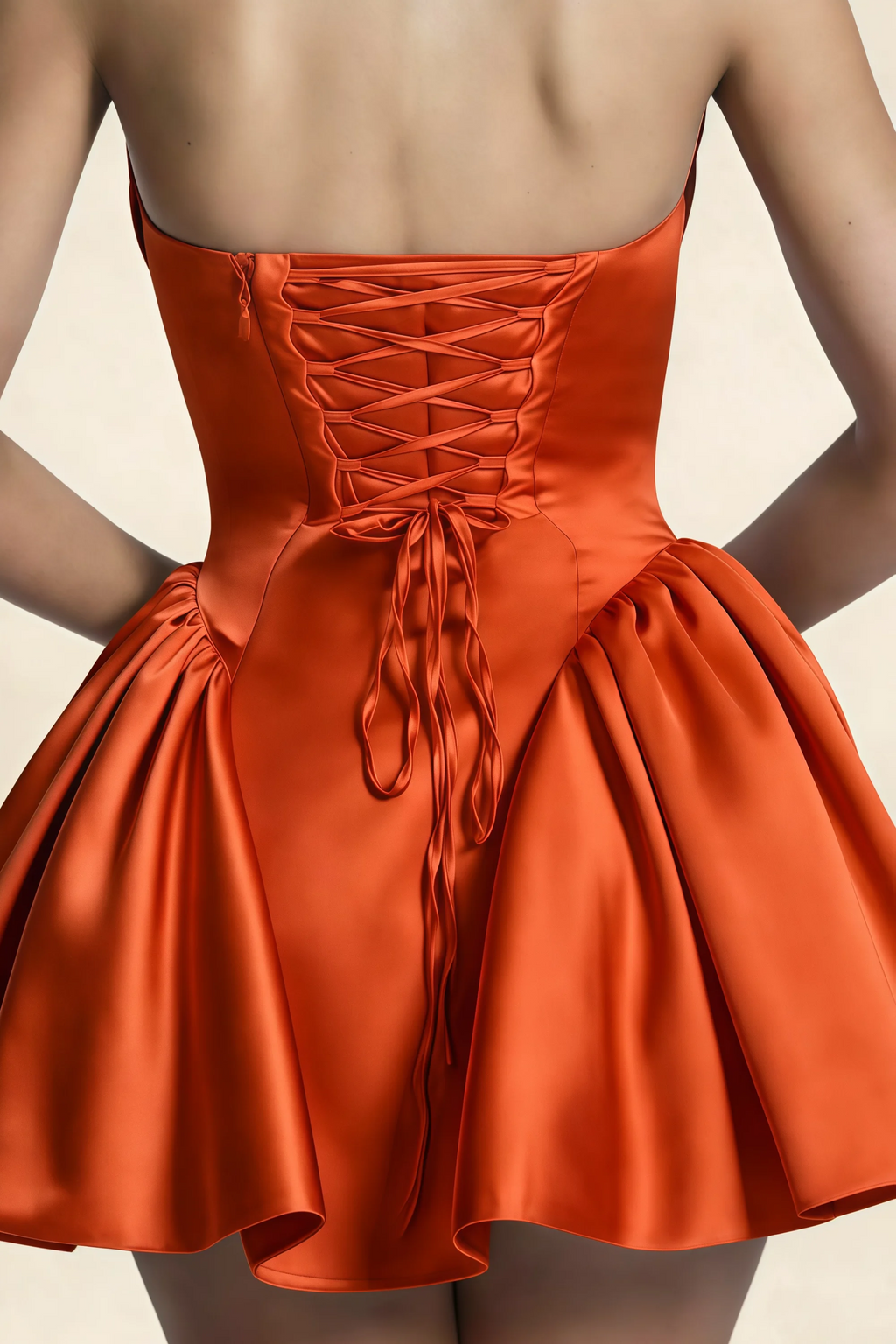 April Burnt Orange Satin Strapless Lace-up Mini Dress with Bow
