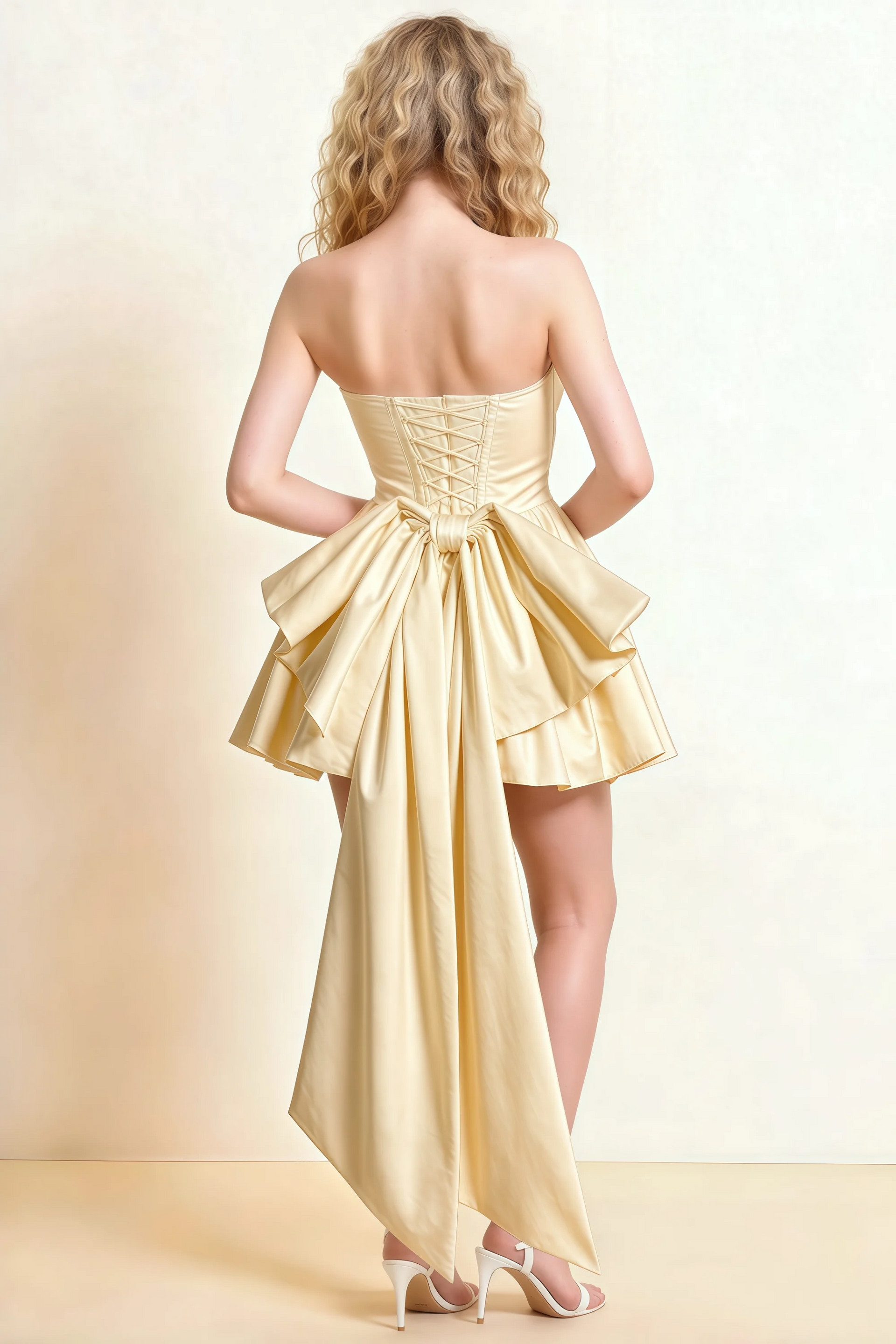 April Champagne Satin Strapless Lace-up Mini Dress with Bow