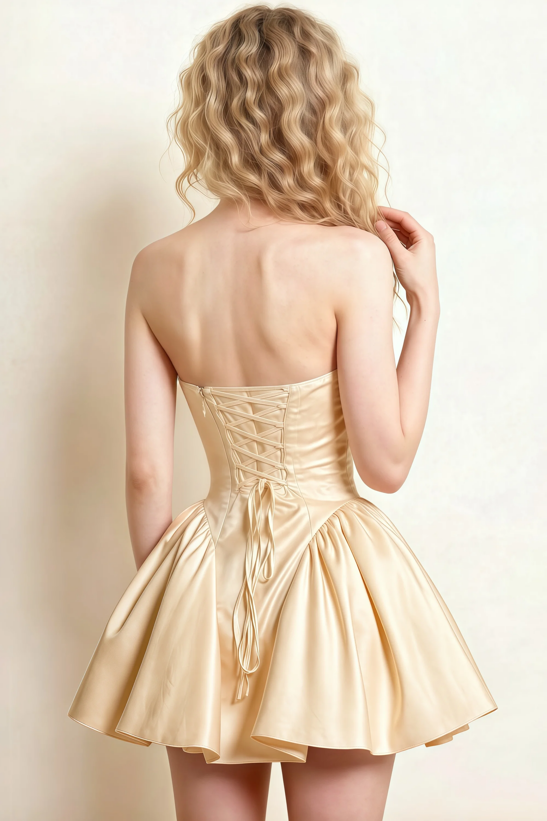 April Champagne Satin Strapless Lace-up Mini Dress with Bow