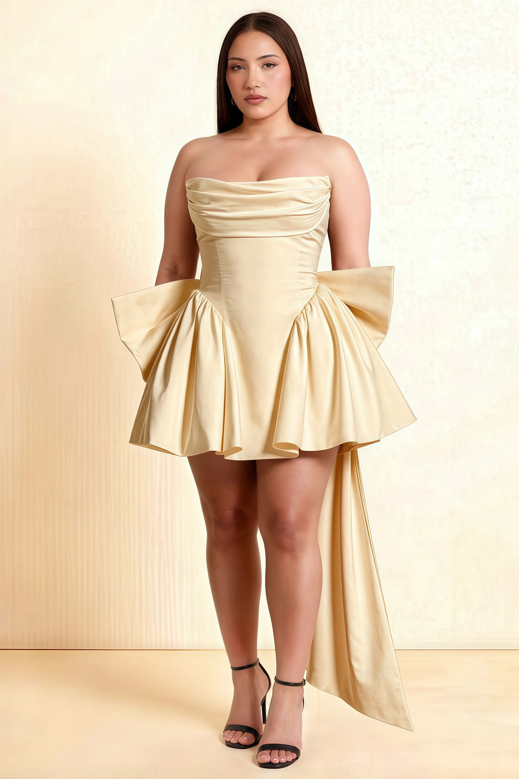 April Champagne Satin Strapless Lace-up Mini Dress with Bow