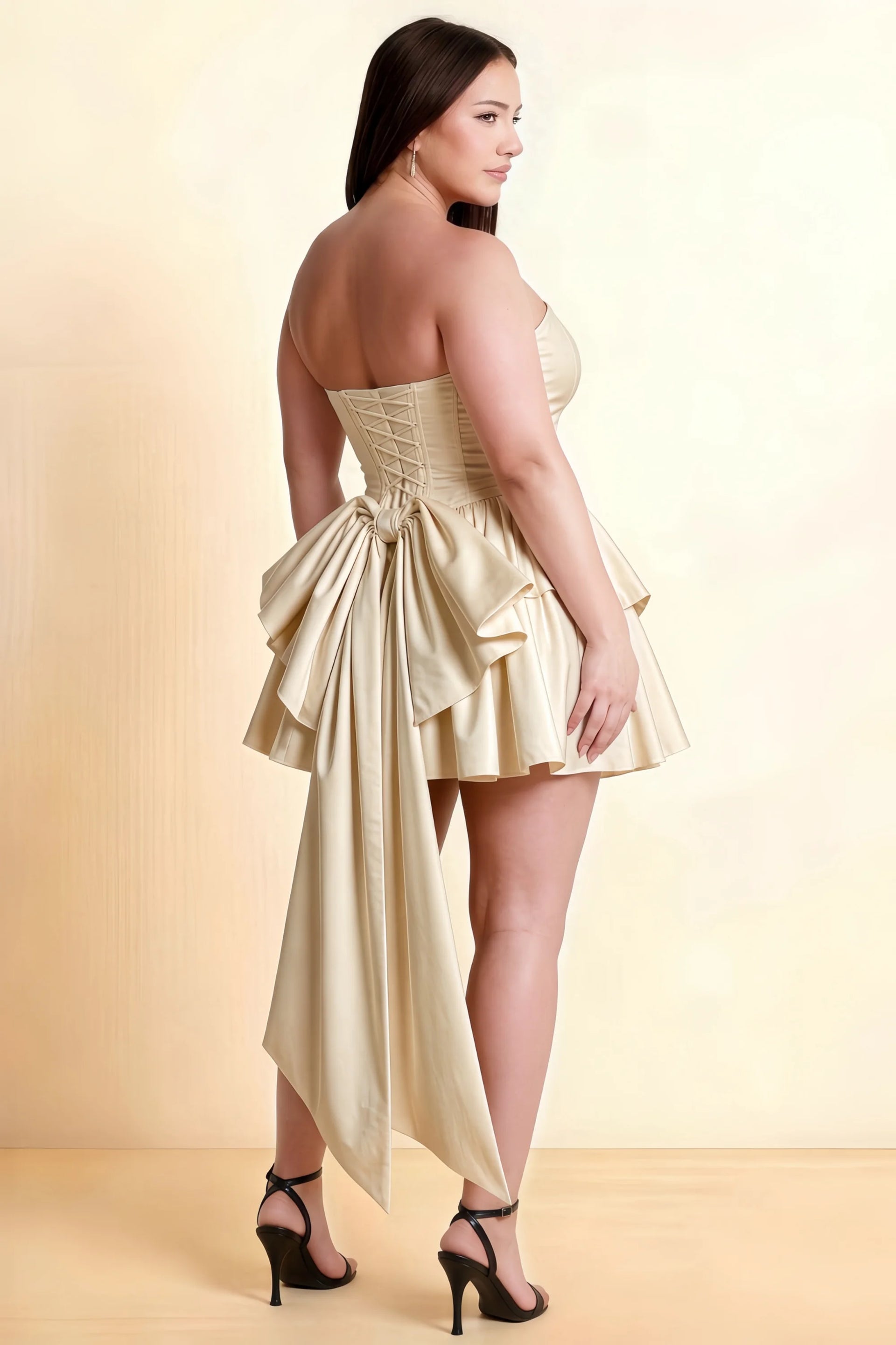April Champagne Satin Strapless Lace-up Mini Dress with Bow