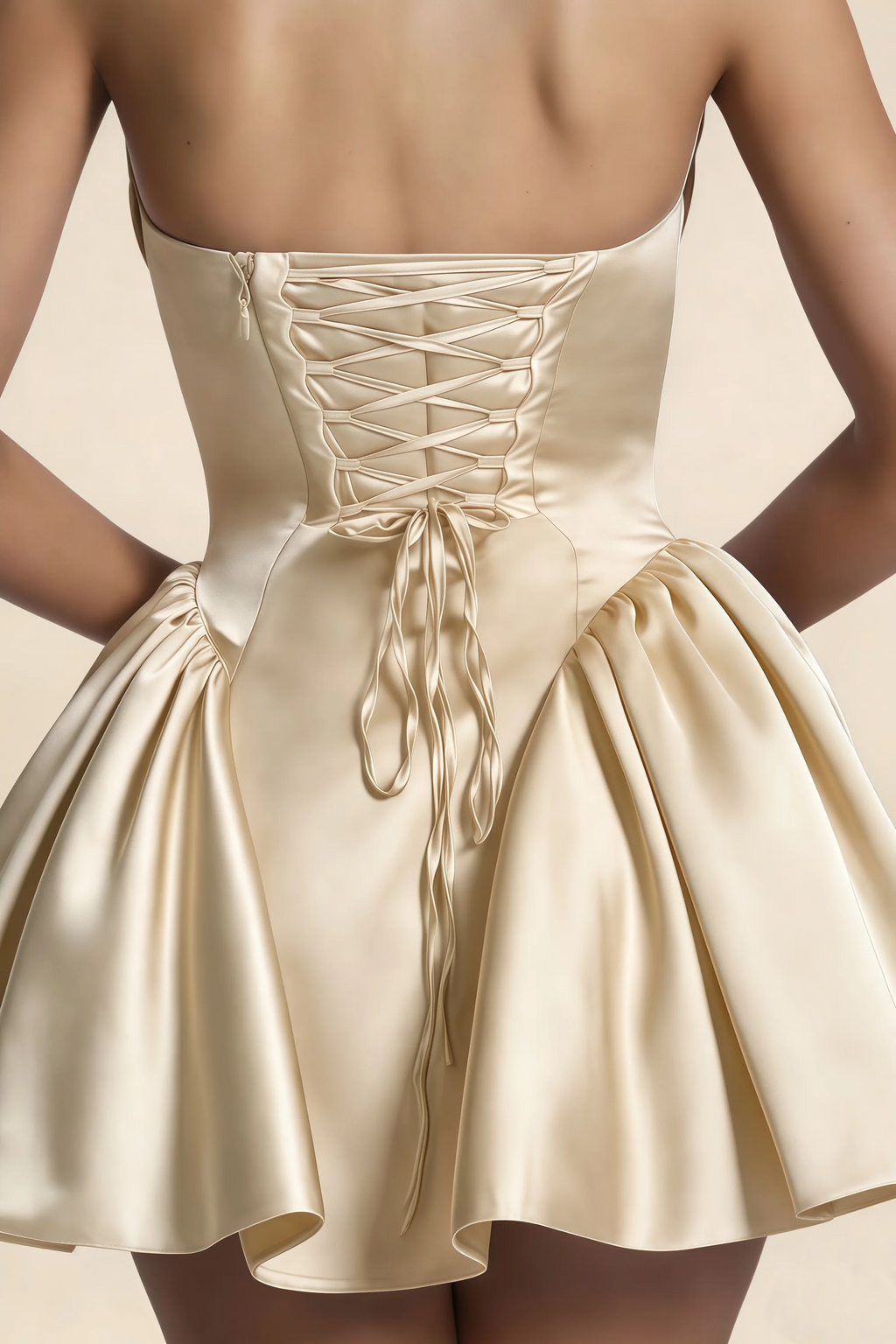 April Champagne Satin Strapless Lace-up Mini Dress with Bow