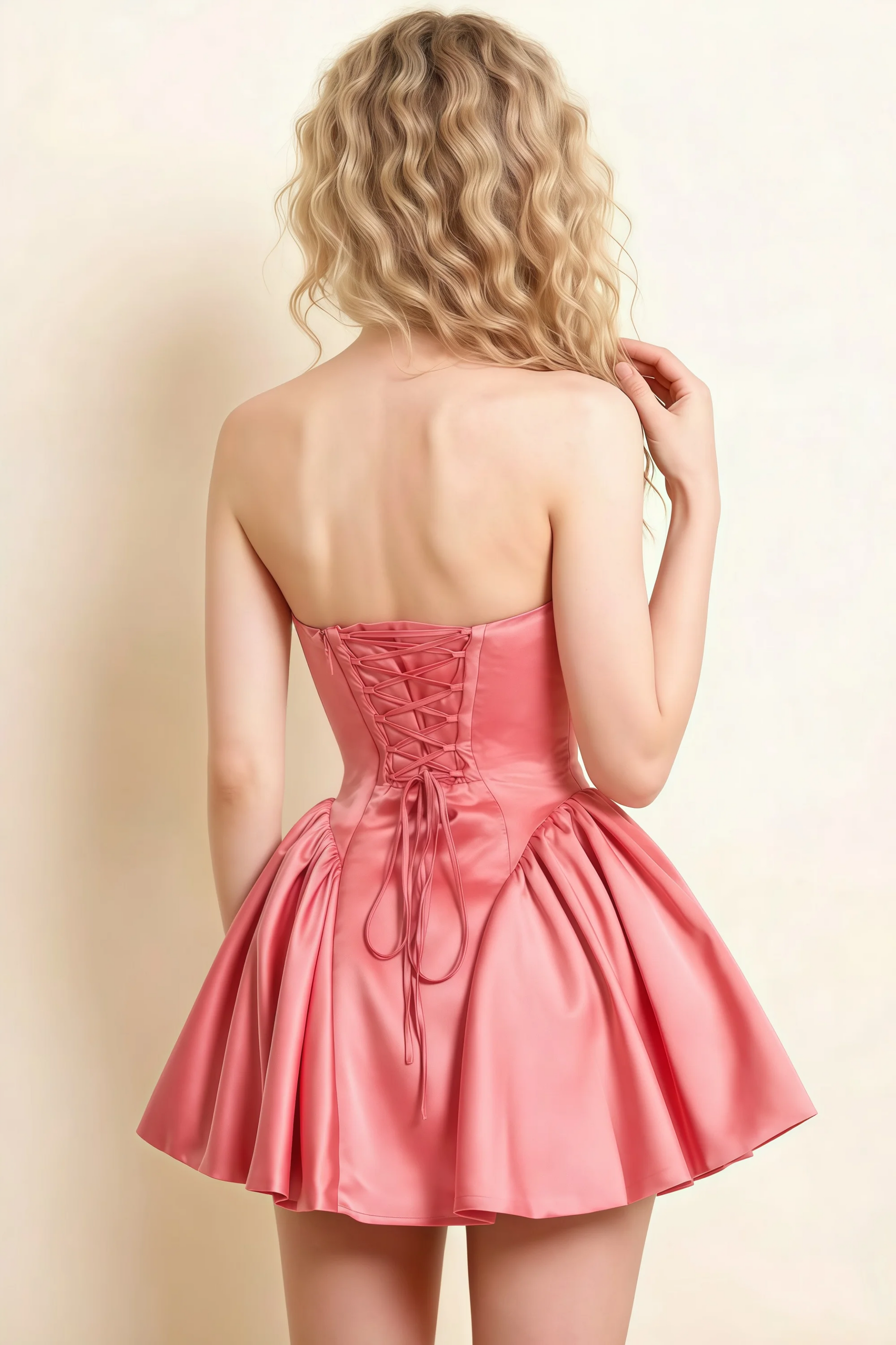 April Coral Satin Strapless Lace-up Mini Dress with Bow