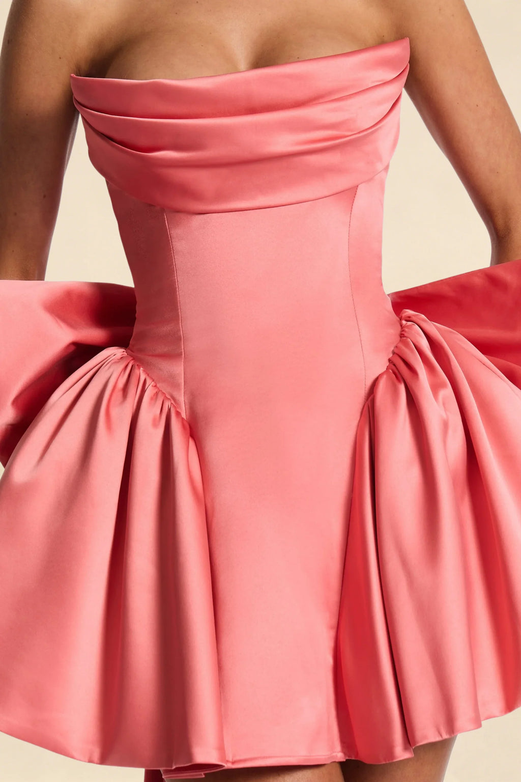 April Coral Satin Strapless Lace-up Mini Dress with Bow