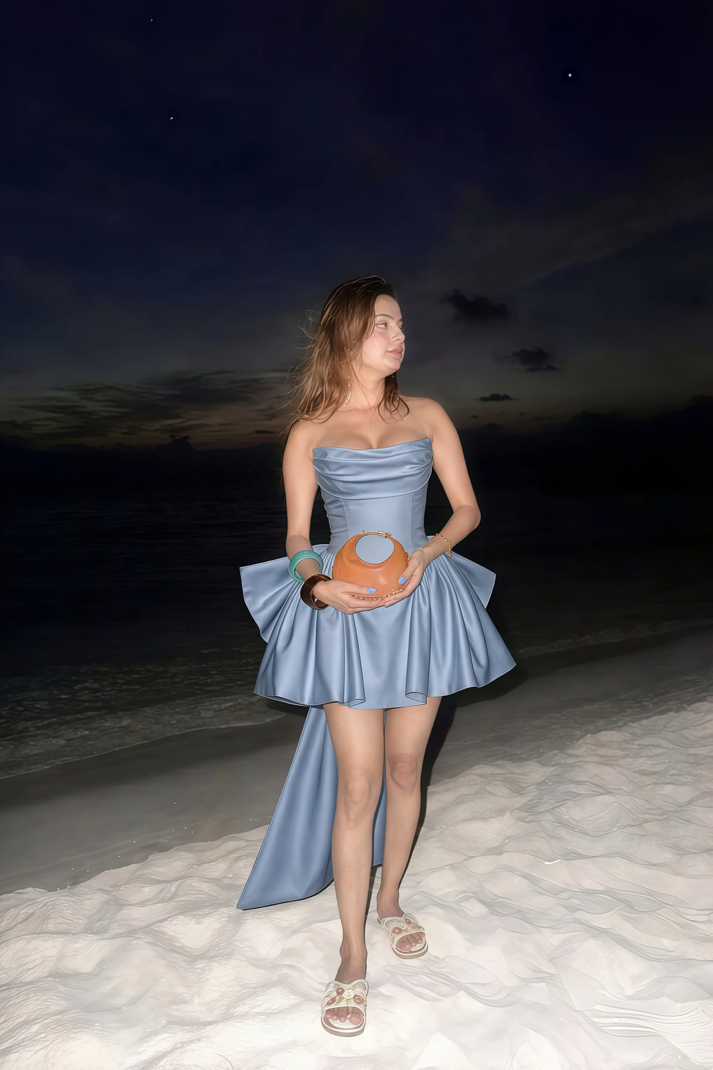 April Dusty Blue Satin Strapless Lace-up Mini Dress with Bow