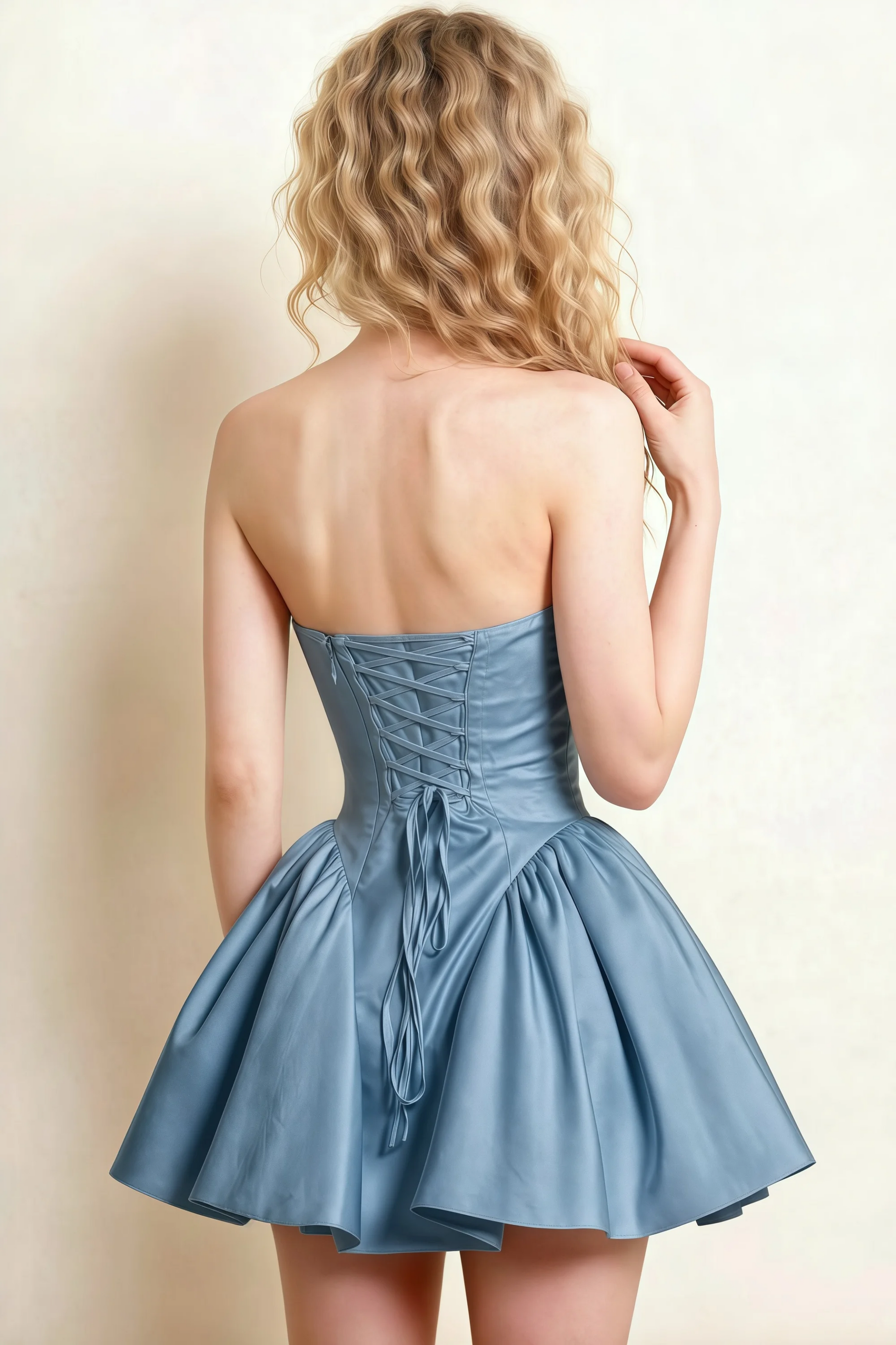April Dusty Blue Satin Strapless Lace-up Mini Dress with Bow