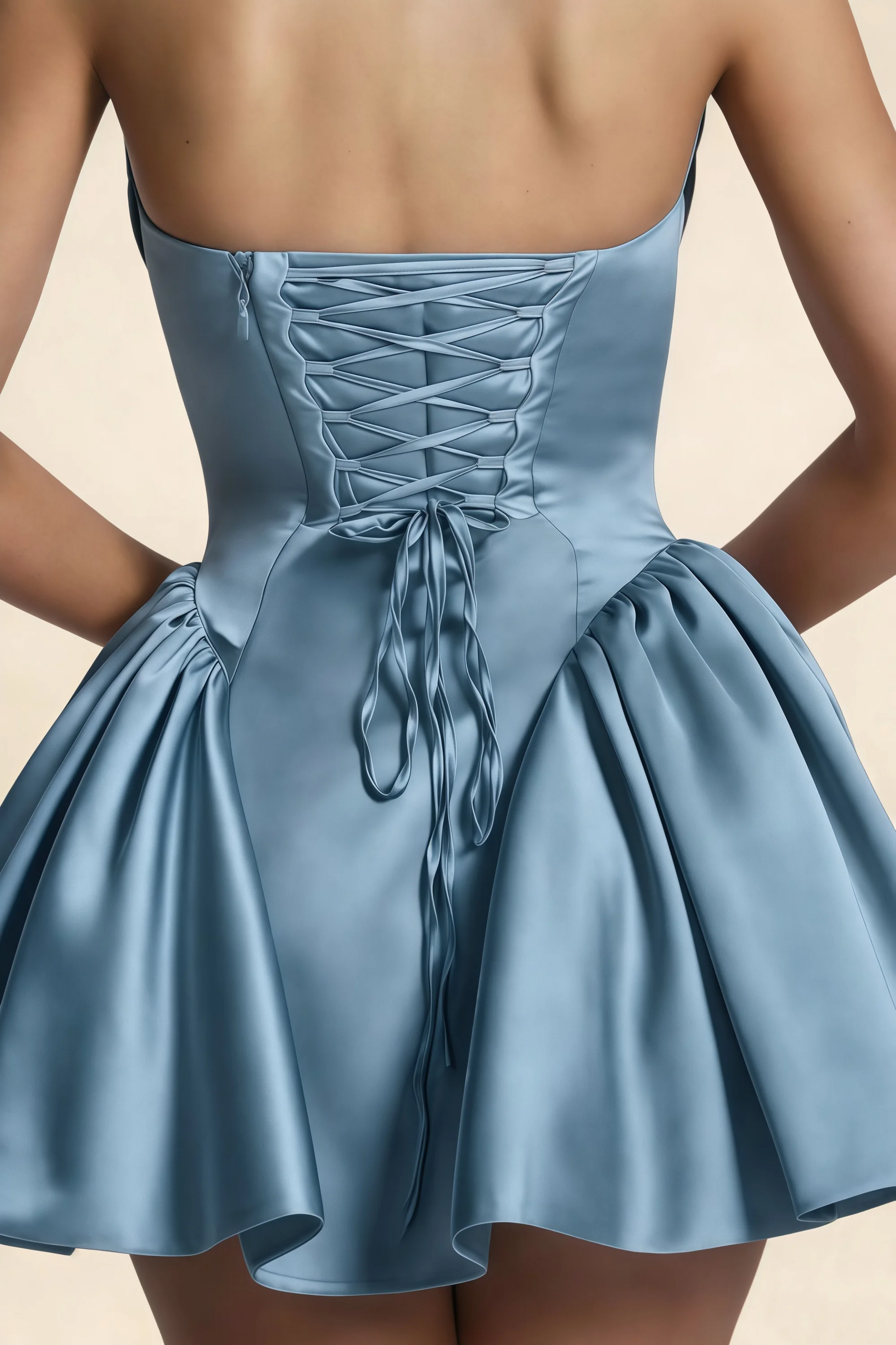 April Dusty Blue Satin Strapless Lace-up Mini Dress with Bow
