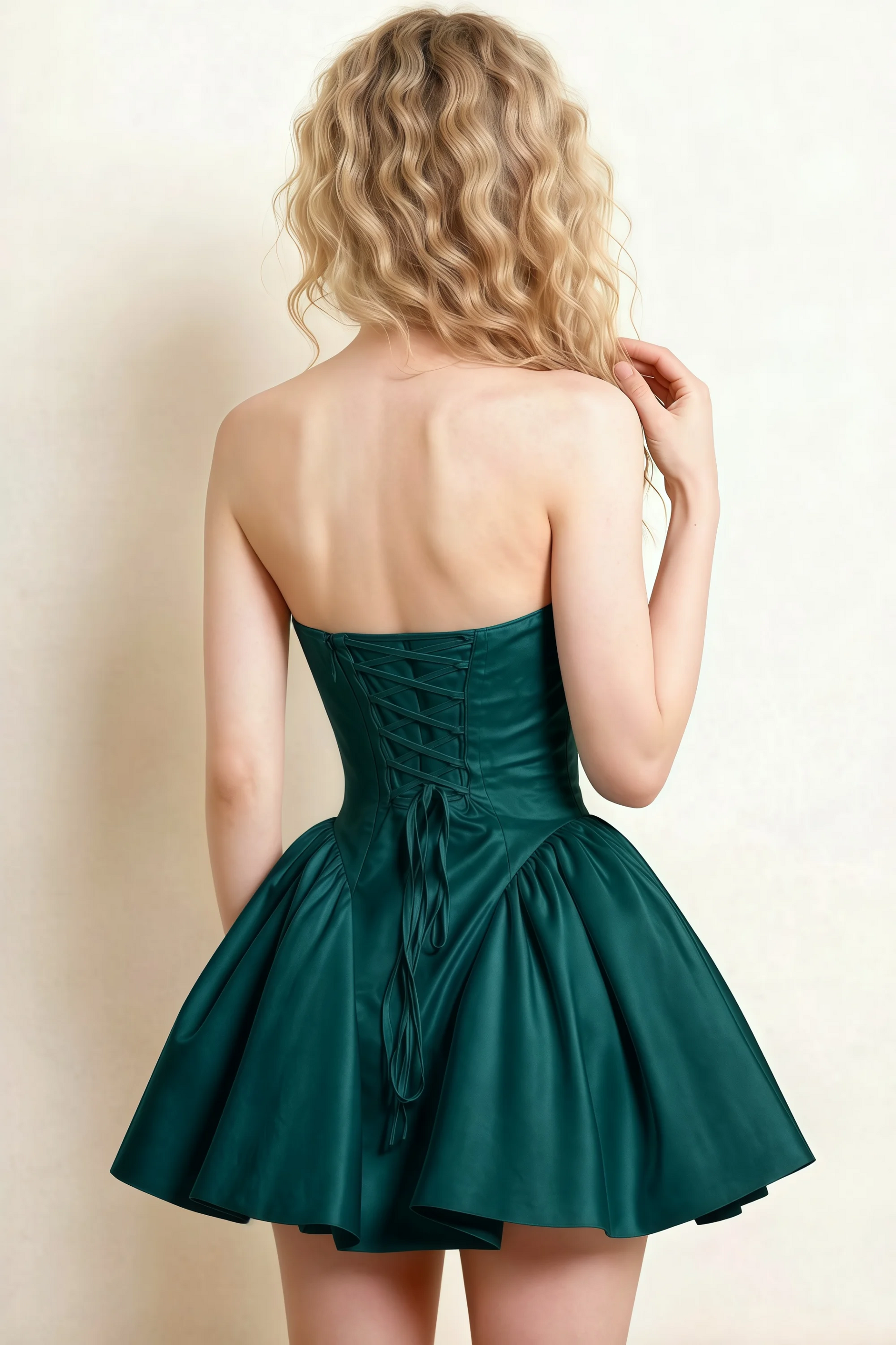 April Emerald Green Satin Strapless Lace-up Mini Dress with Bow