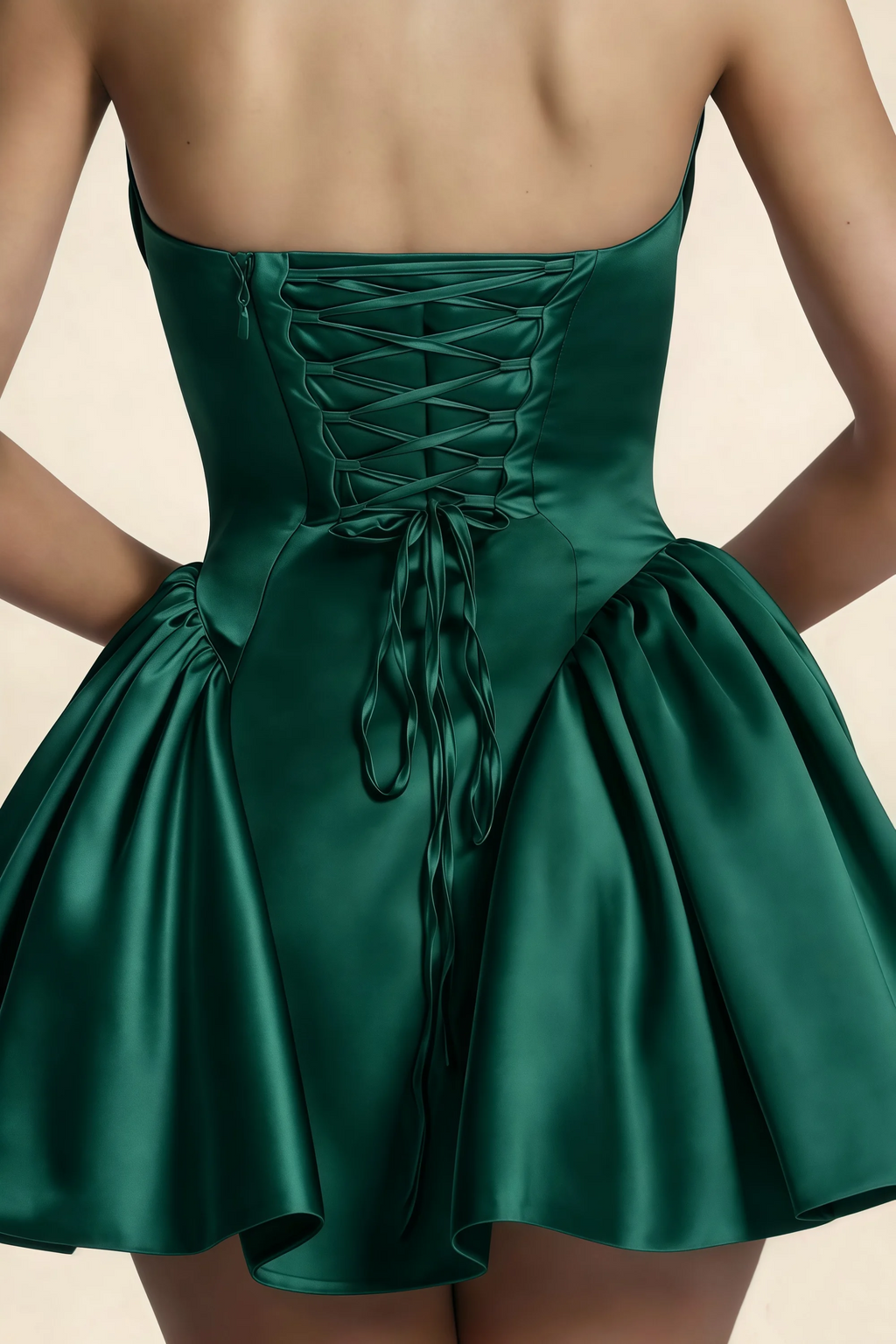 April Emerald Green Satin Strapless Lace-up Mini Dress with Bow